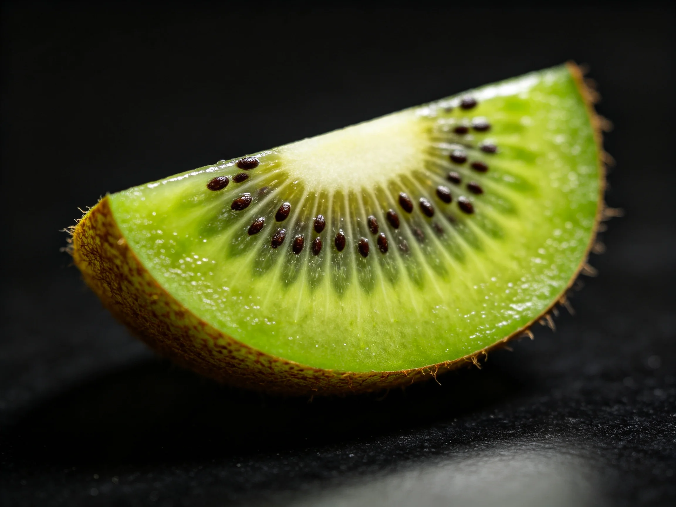 A single kiwi slice showcasing vibrant green flesh and dark seeds