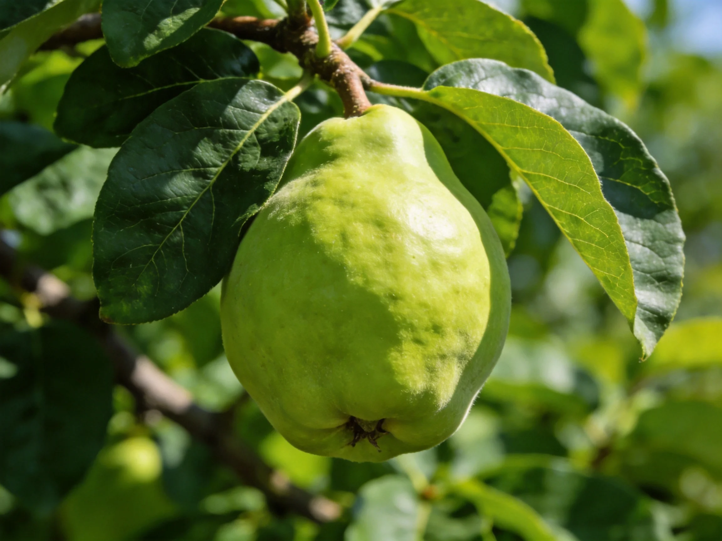 A single large green pear - shaped fruit hangs from a tree branch