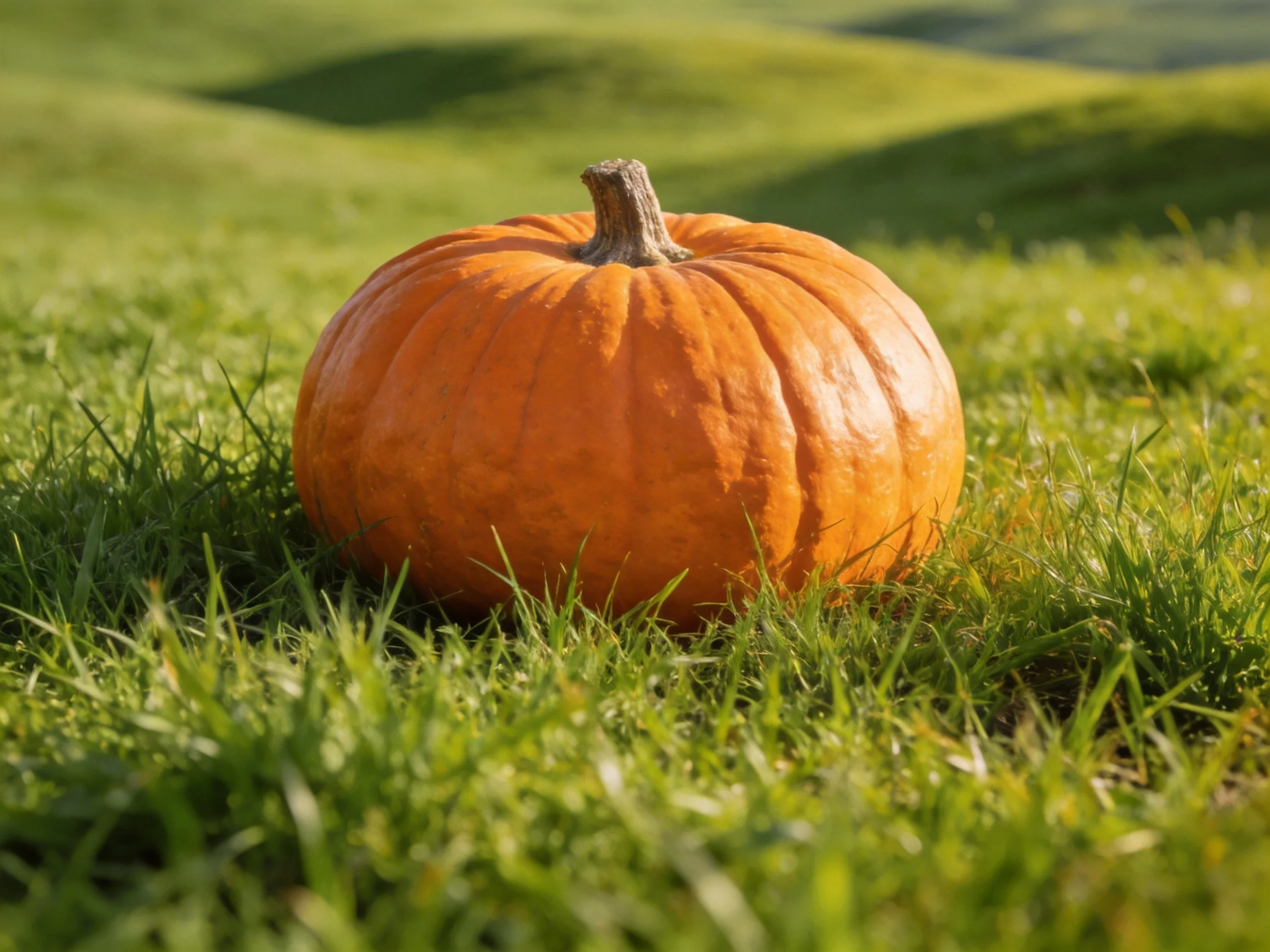 A single large orange pumpkin rests amid lush green grass and rolling hills