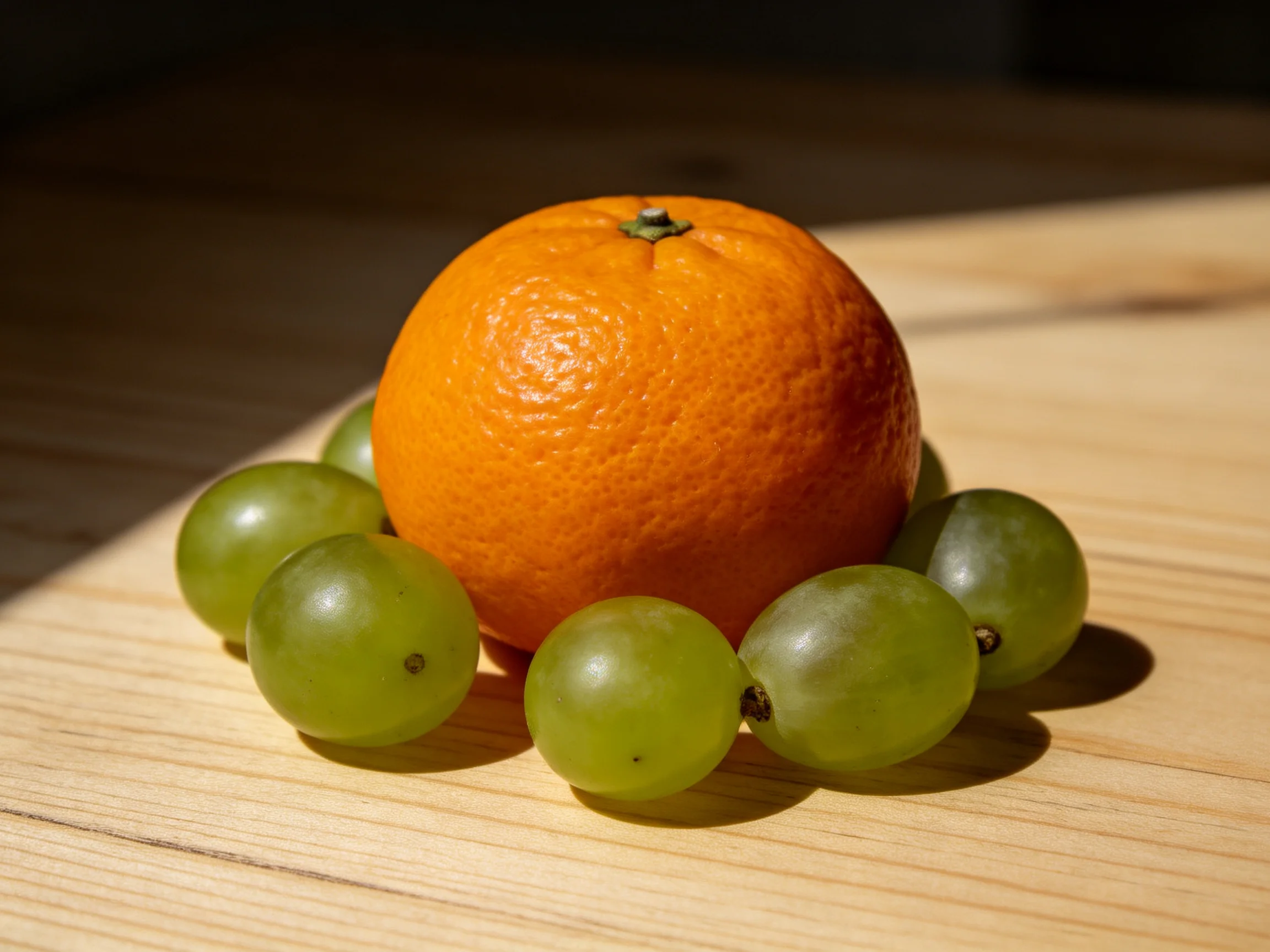 A single orange encircled by green grapes on a light wooden surface