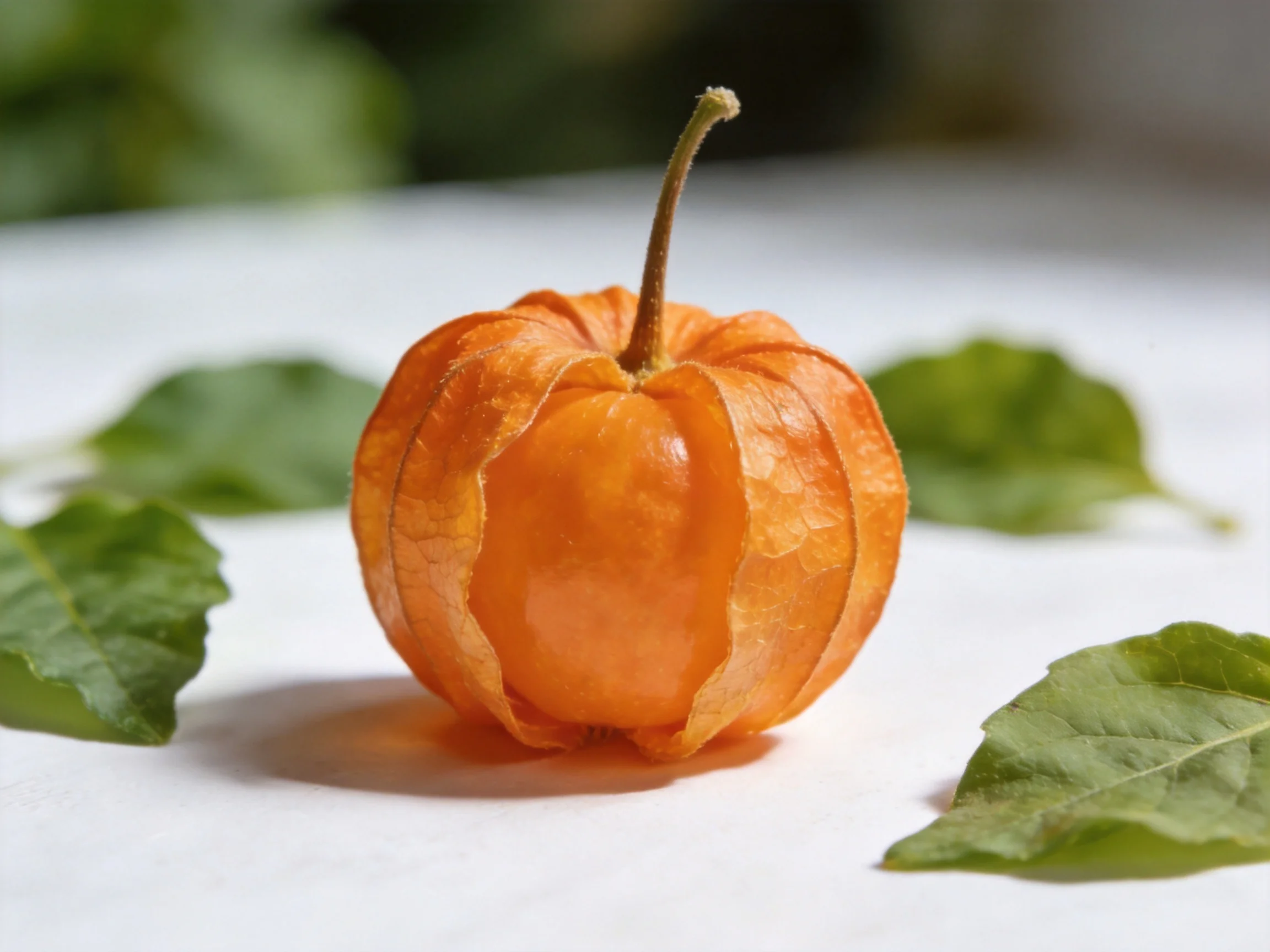 A single orange physalis fruit surrounded by green leaves on a white surface