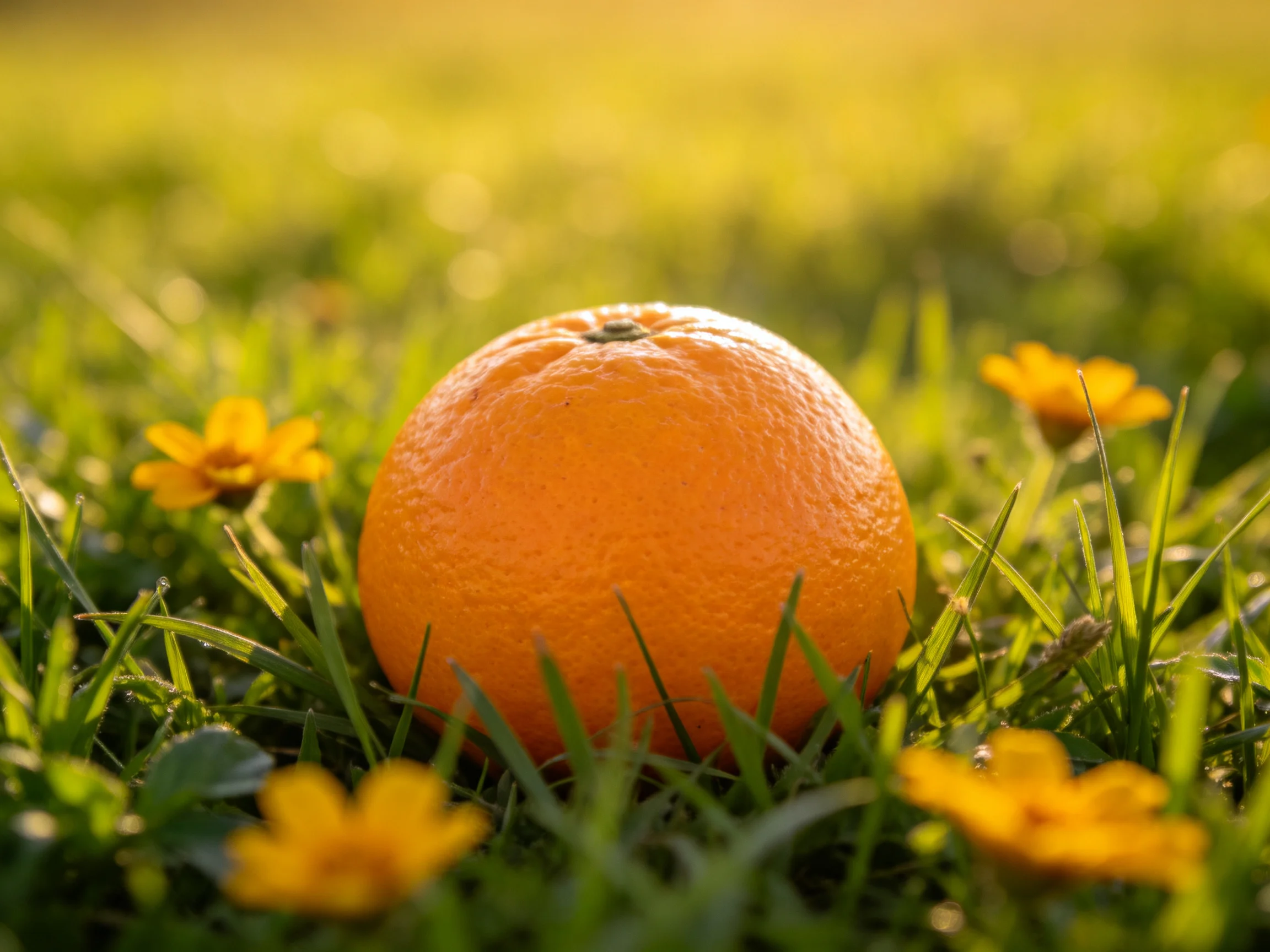 A single orange rests among green grass and small yellow flowers