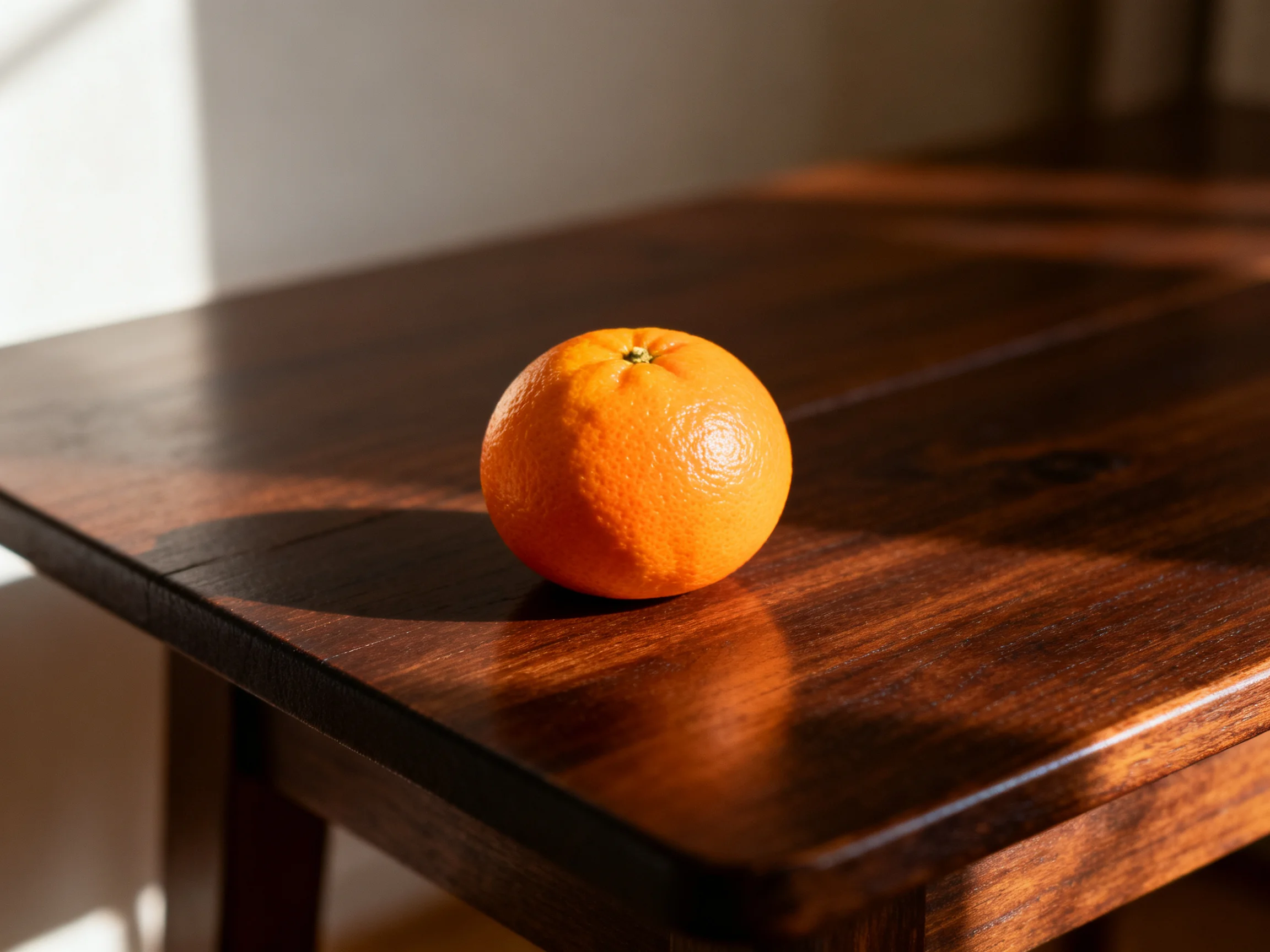 A single orange rests on a polished dark brown wooden table