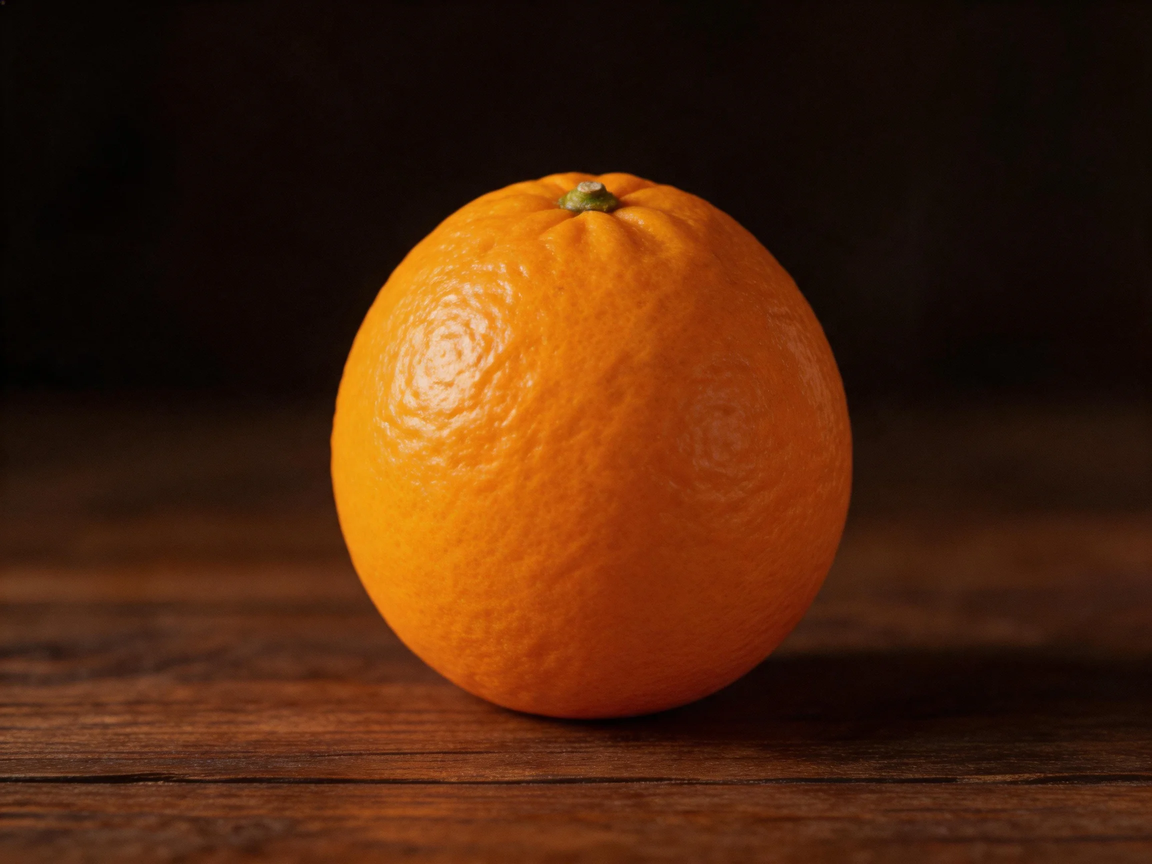 A single orange rests on a wooden surface