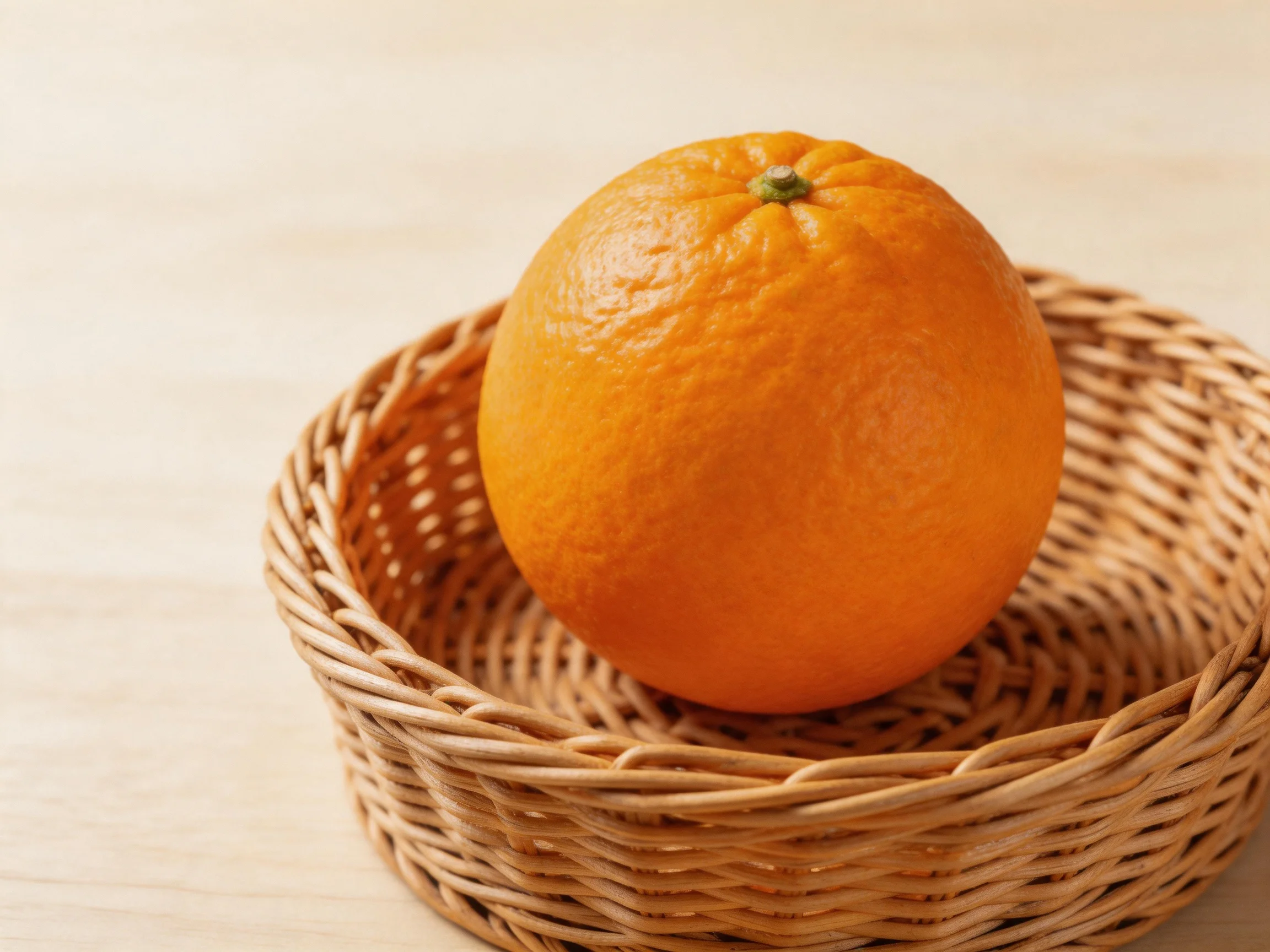 A single orange sits in a woven wicker basket
