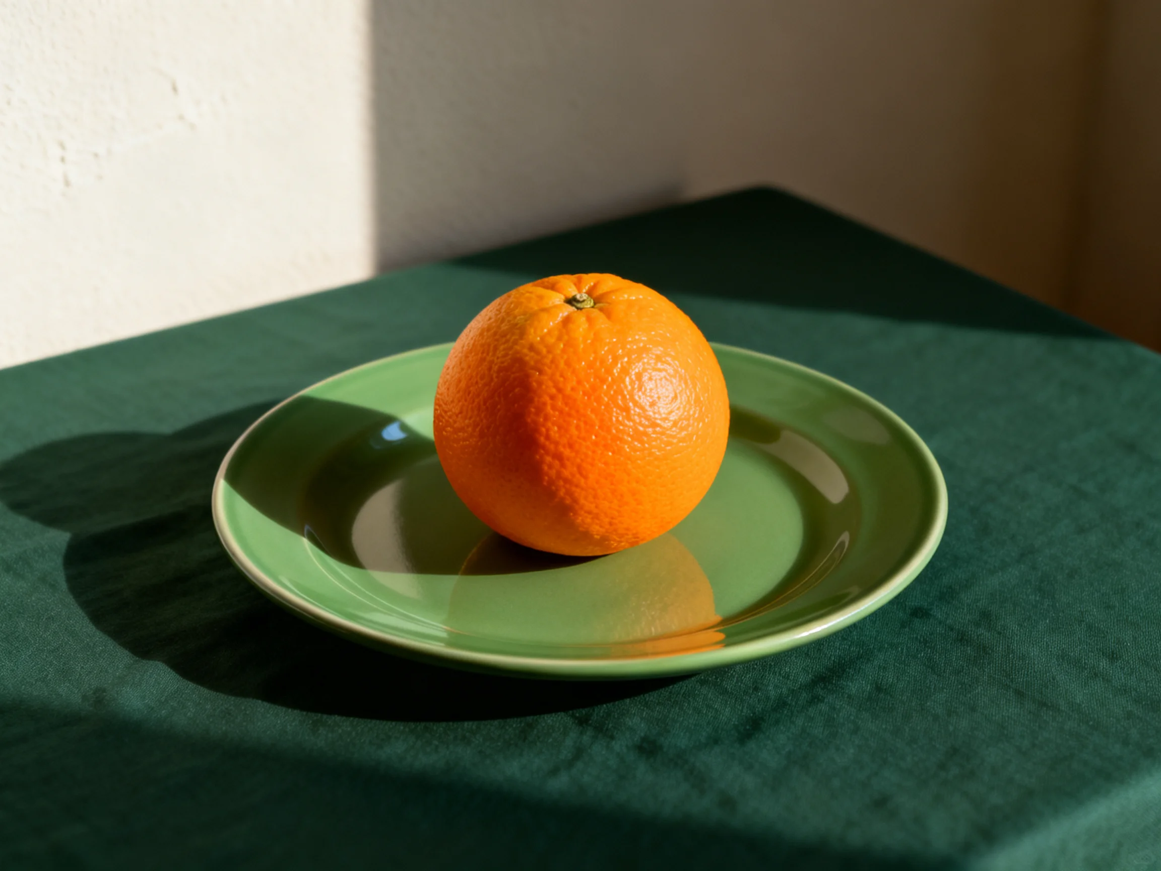 A single orange sits on a green plate atop a dark green cloth