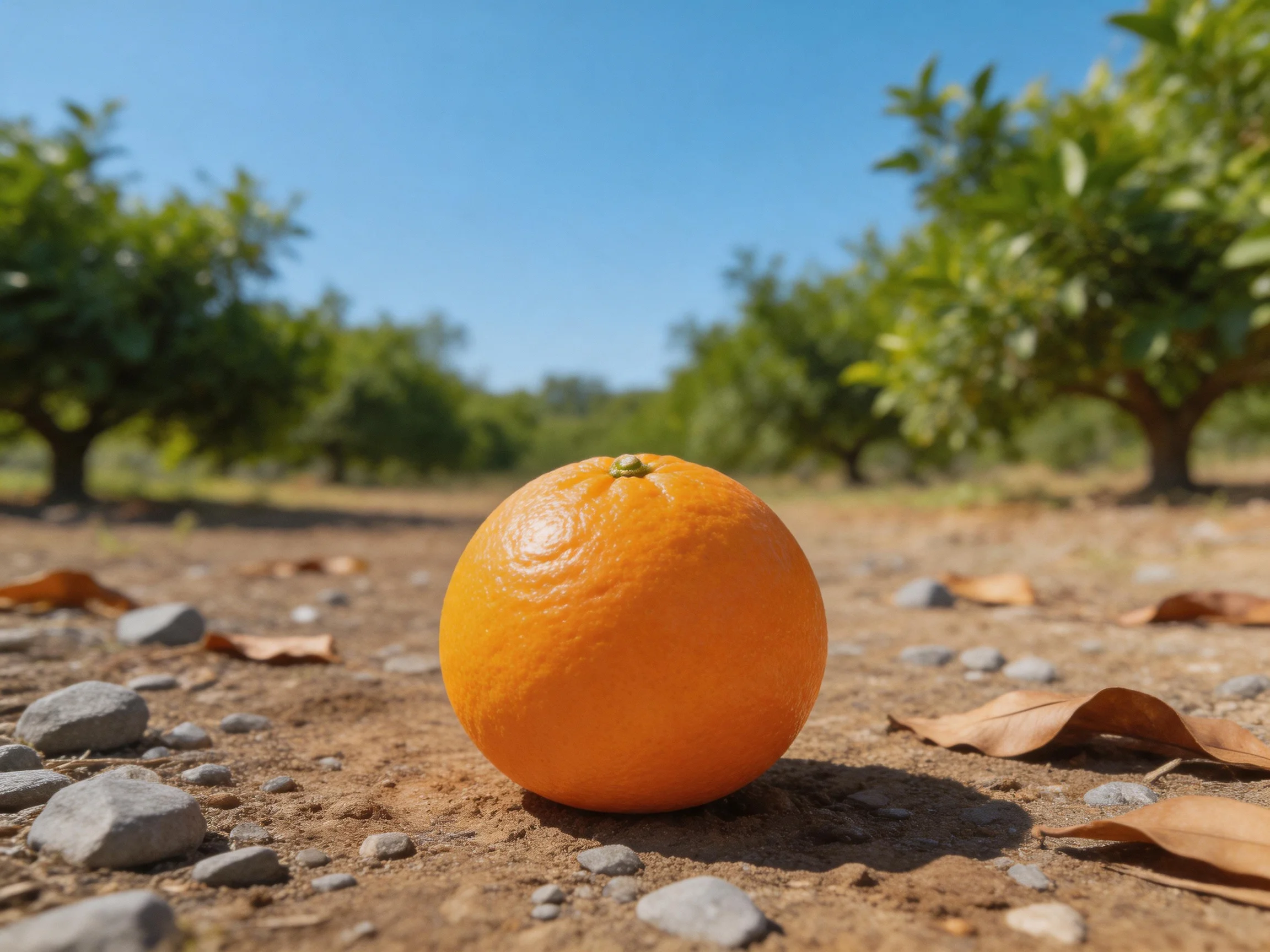 A single orange sits on a stony orchard ground near green citrus trees