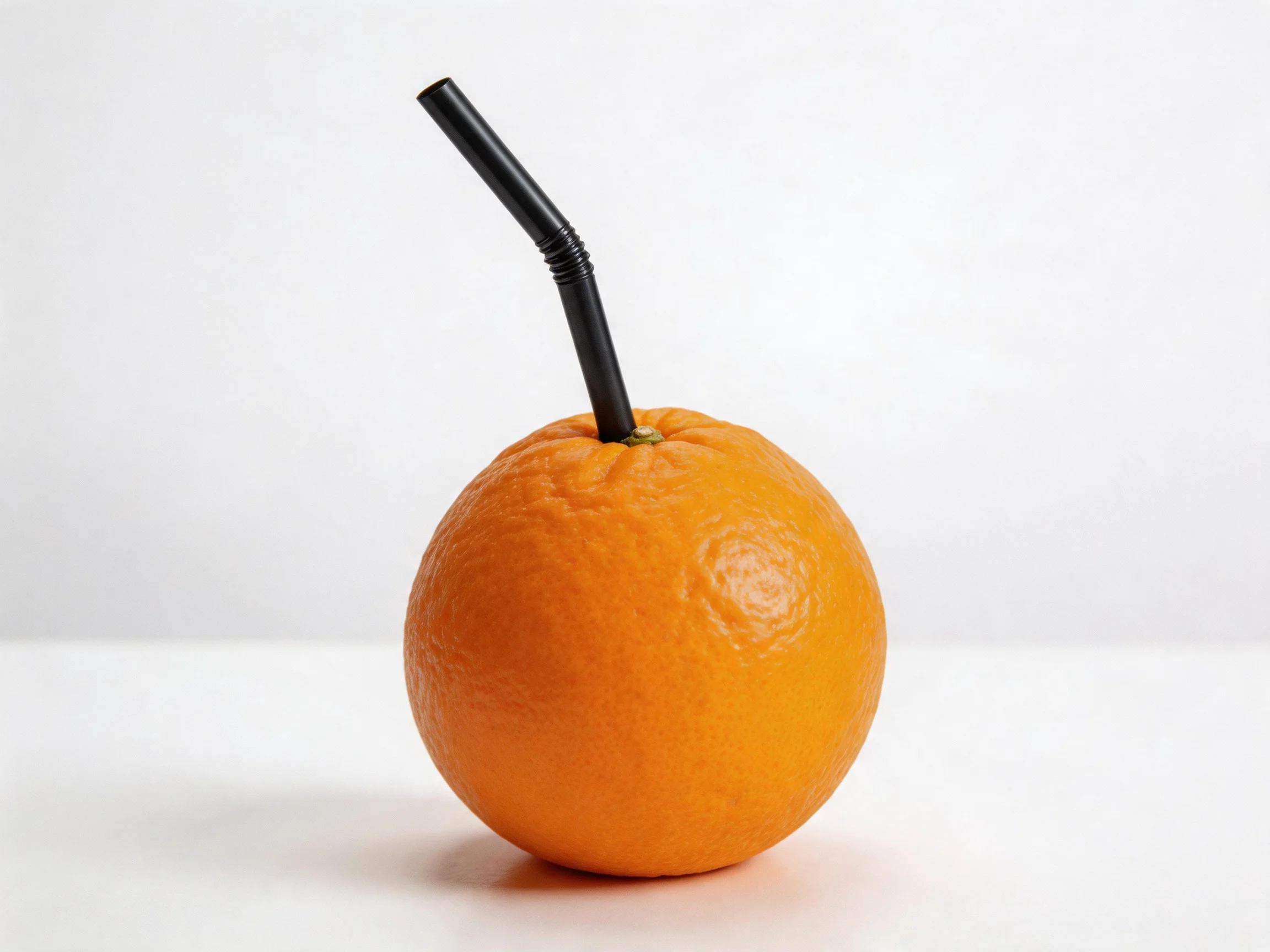 A single orange with a bent black drinking straw inserted