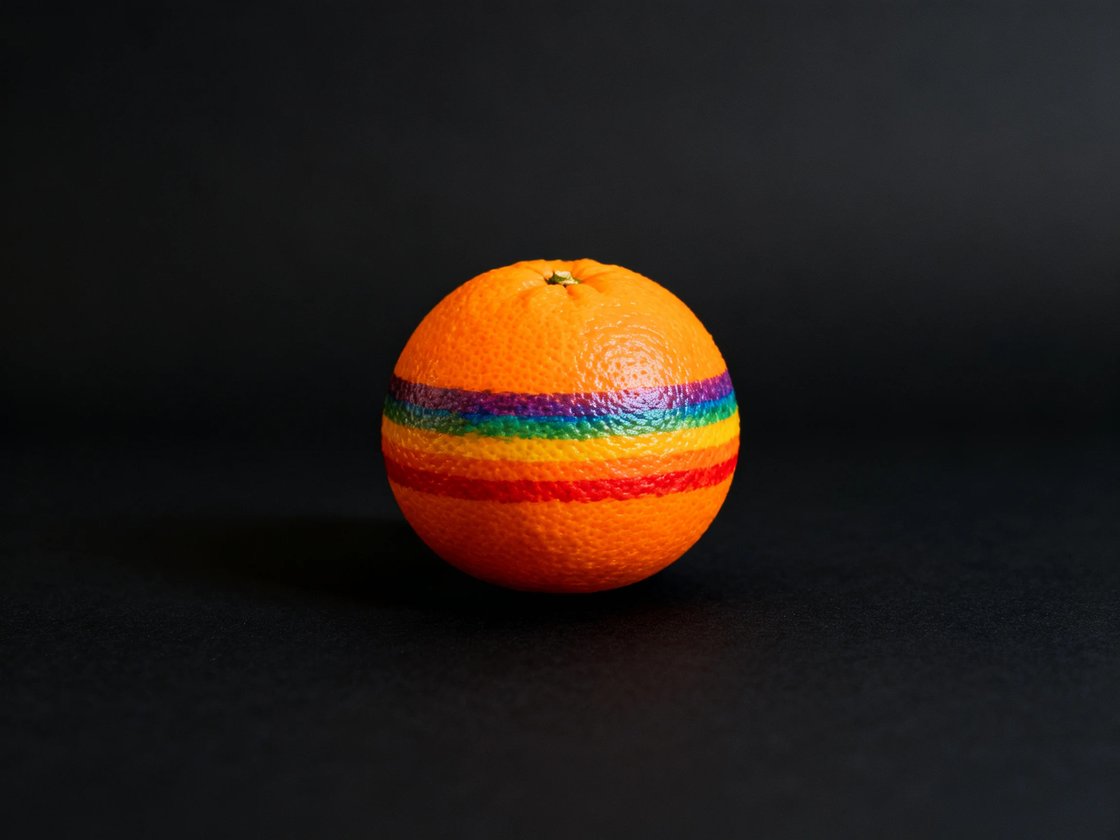A single orange with colorful rainbow horizontal stripes
