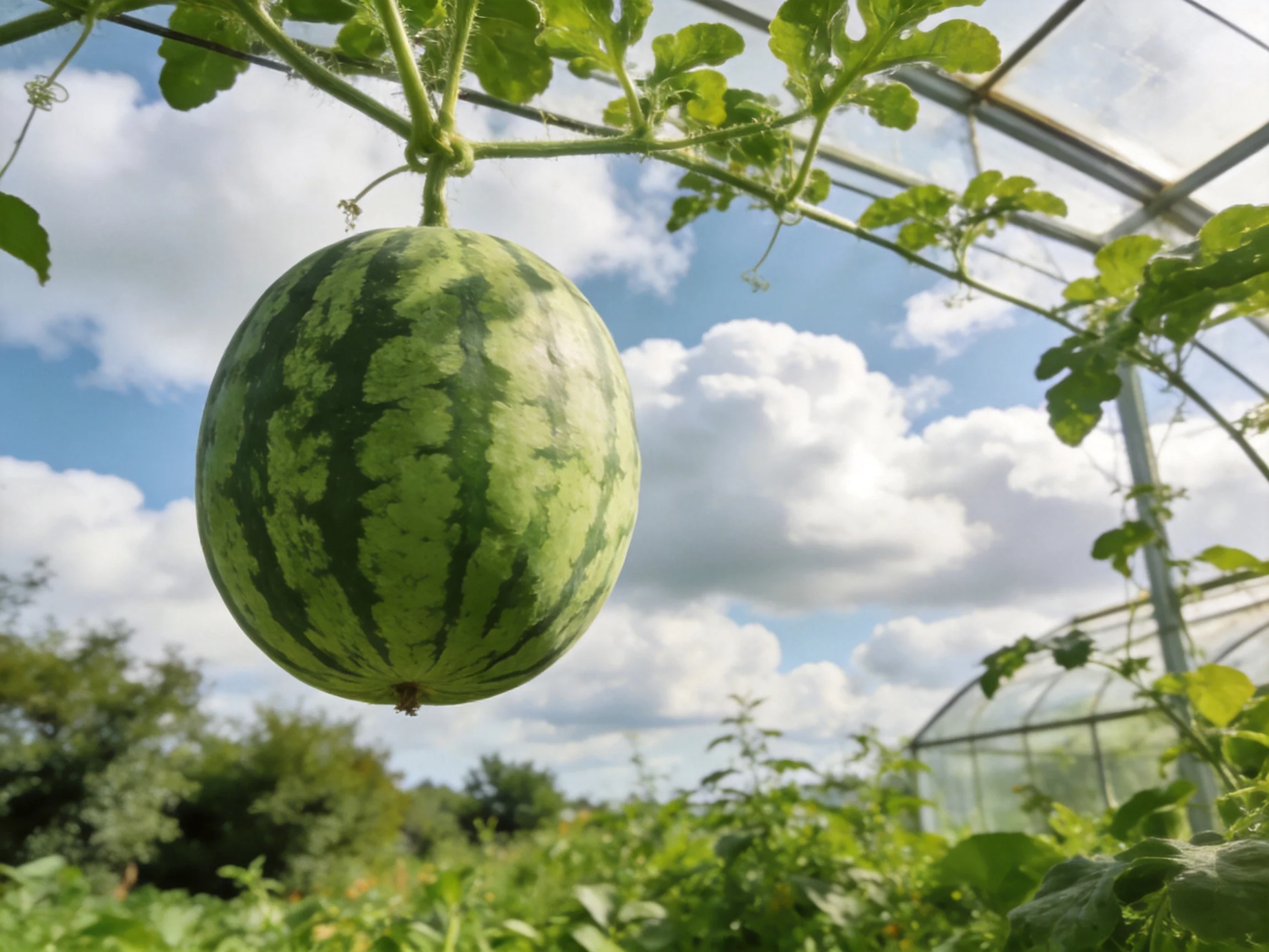A single oval green-striped watermelon hangs from a vine in a greenhouse