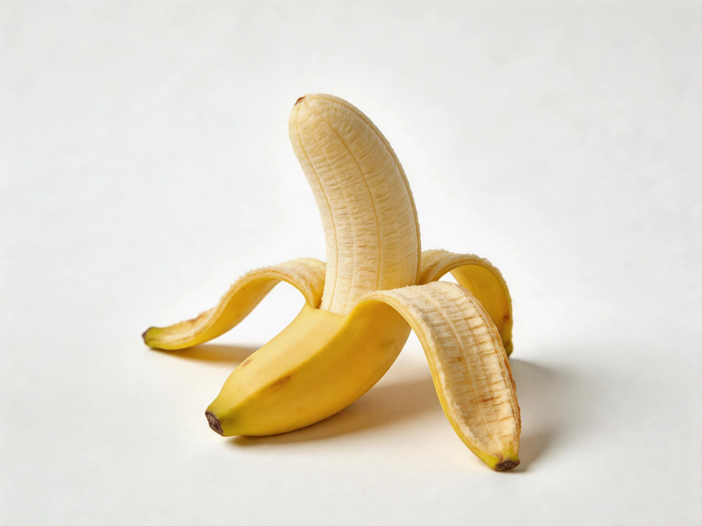 A single partially peeled ripe banana with curved peel segments