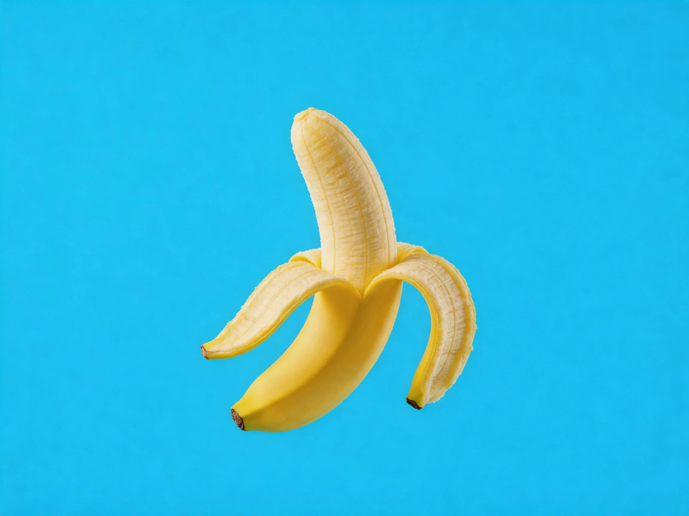 A single peeled banana against a bright blue plain