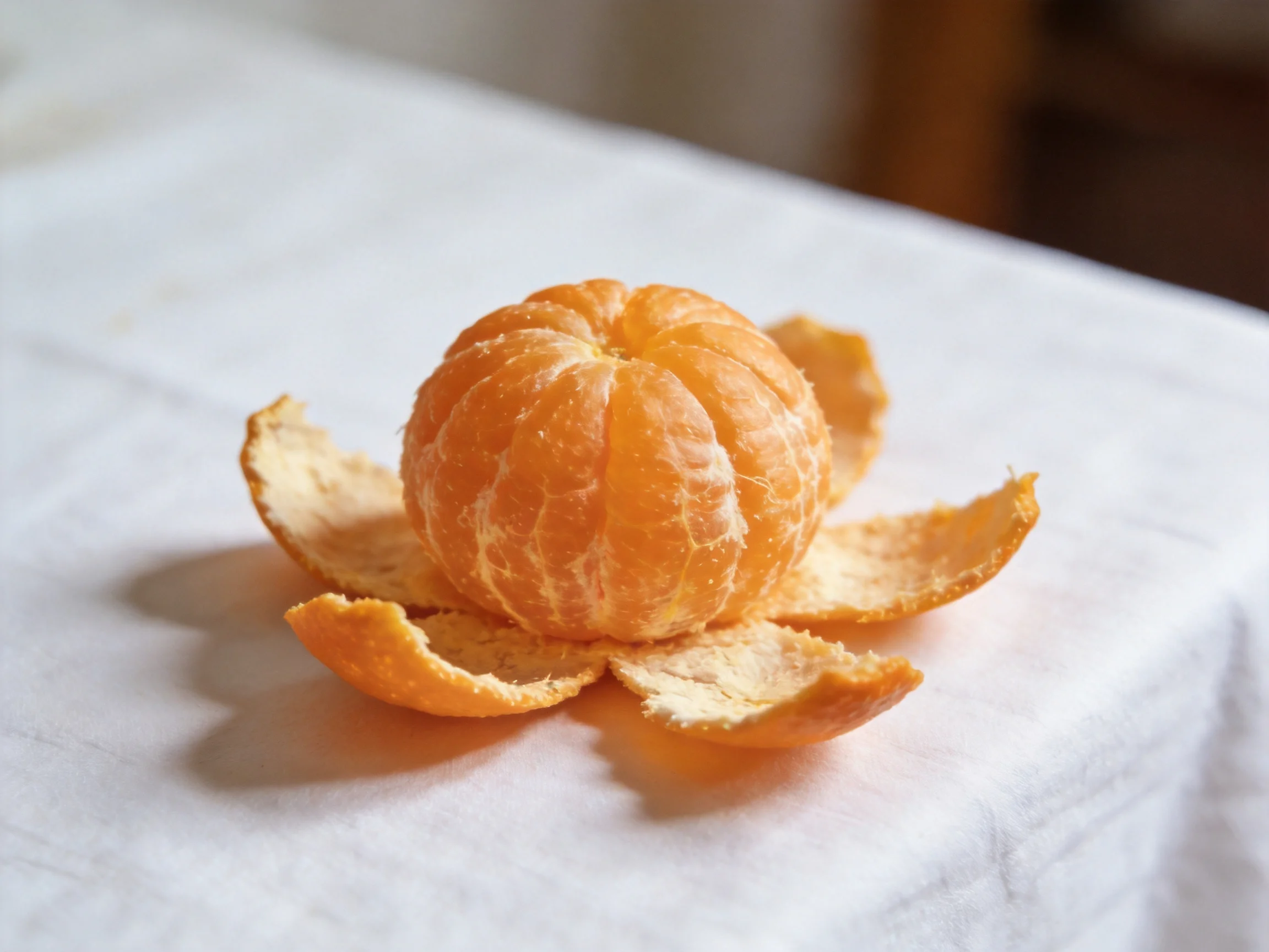 A single peeled mandarin orange with separated peel segments