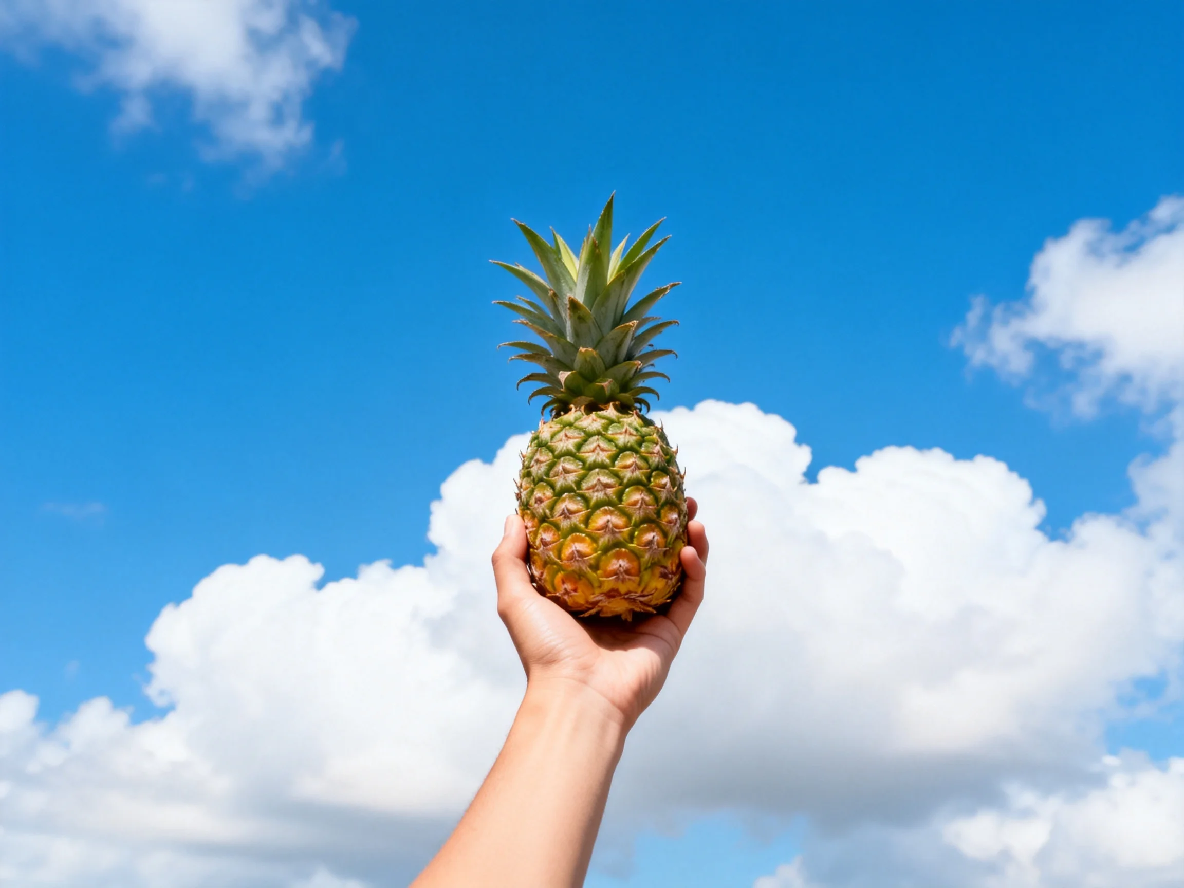 A single pineapple held high against bright blue sky with fluffy white clouds