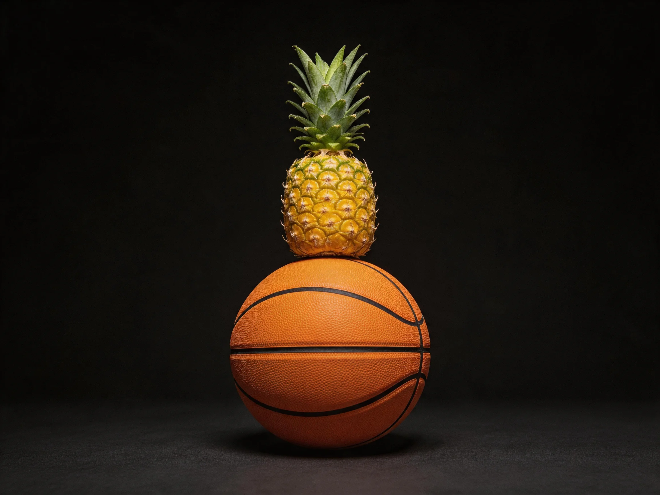 A single pineapple rests atop an orange basketball with black stripes