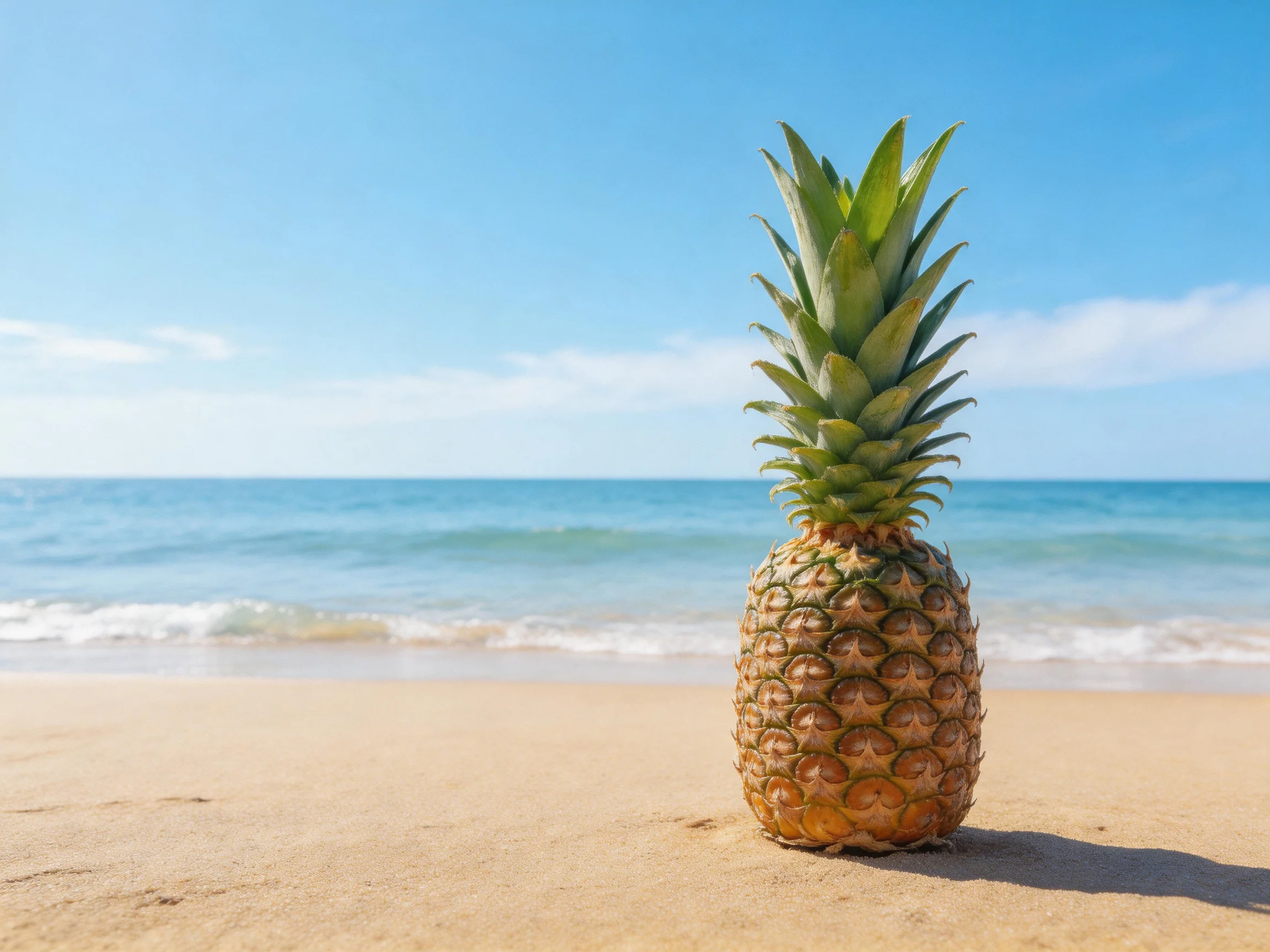 A single pineapple stands on golden sandy beach near turquoise ocean waters