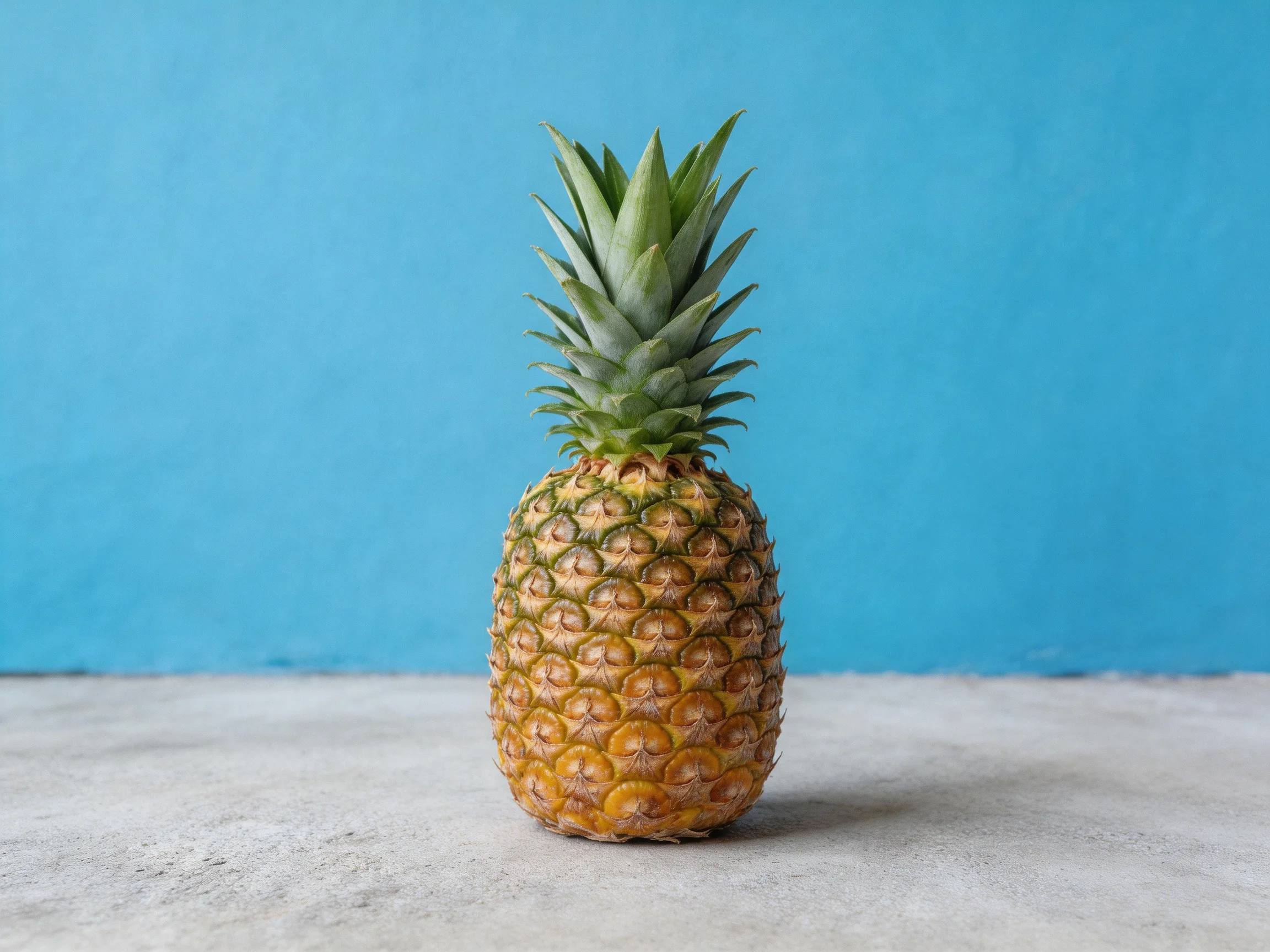 A single pineapple with a spiky green crown sits on a gray concrete surface next to a bright blue wal