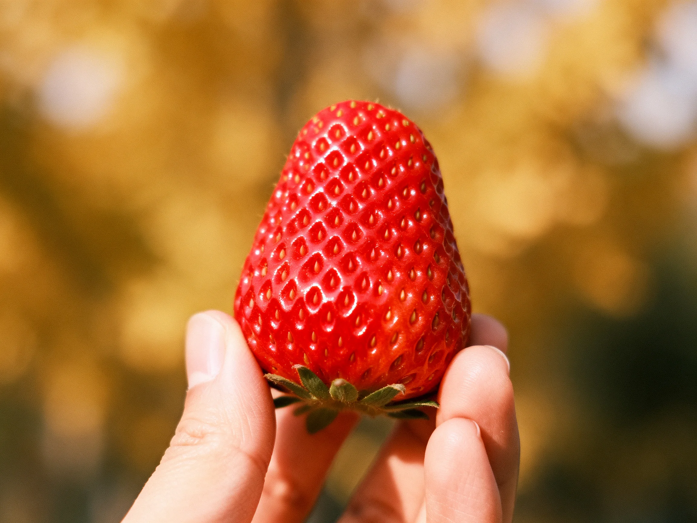 A single plump red strawberry held in a hand with golden bokeh background