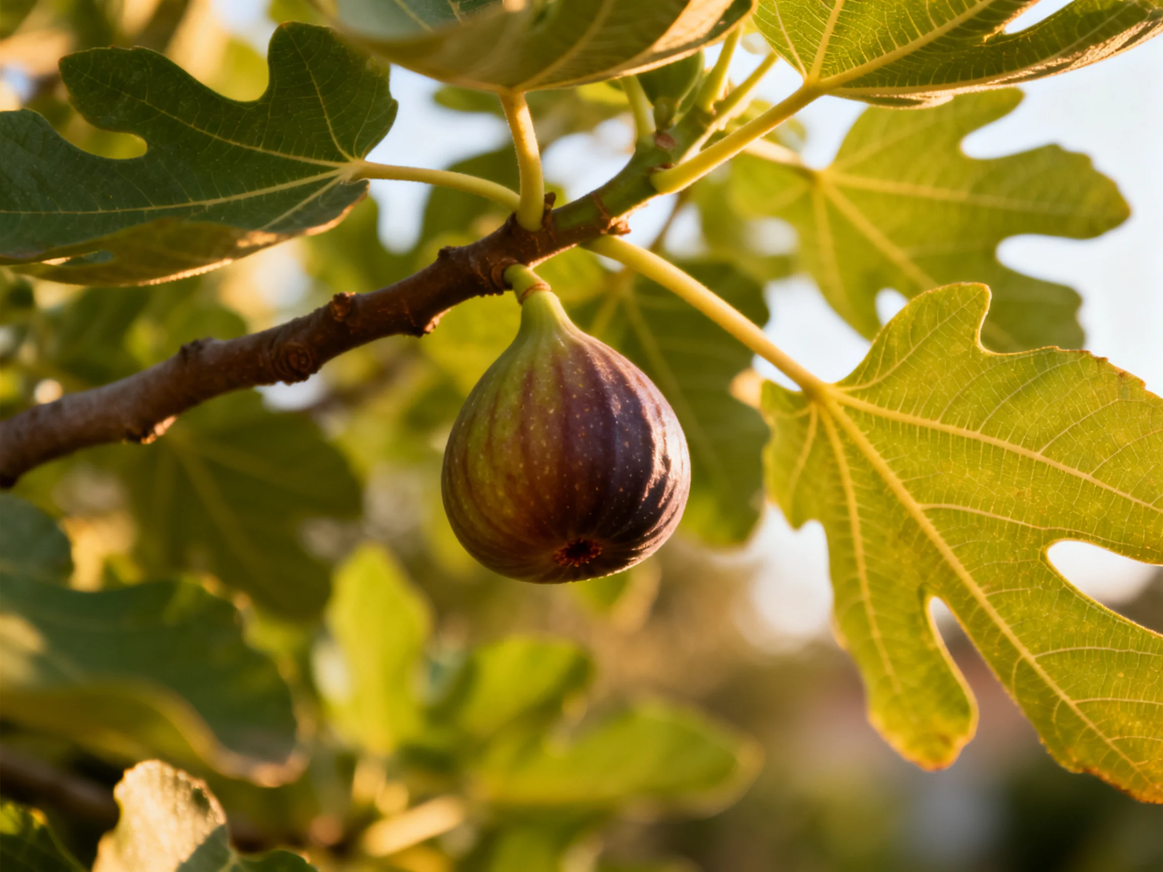 A single purple-hued fig grows on a brown tree branch with broad green leaves