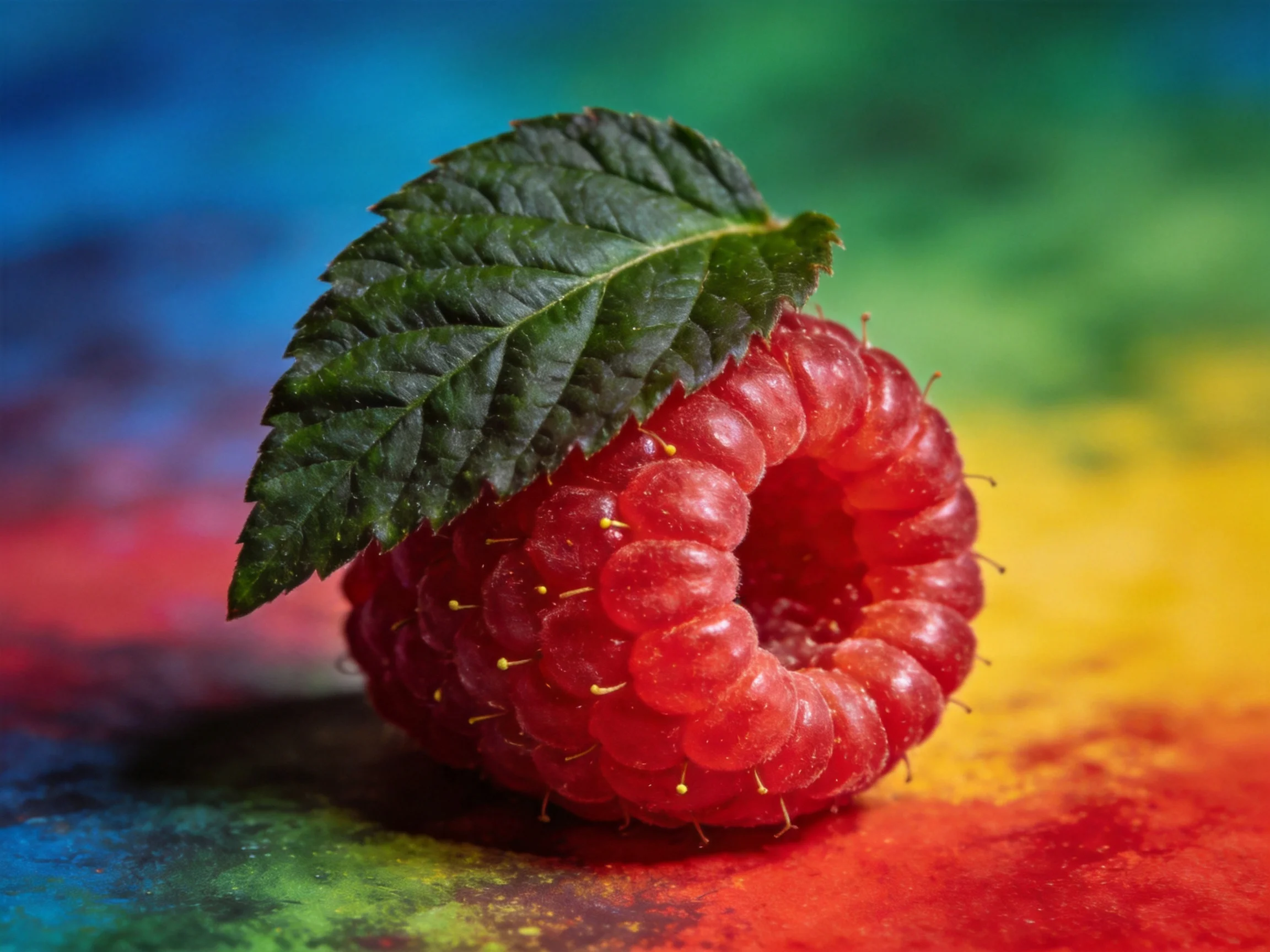 A single raspberry with a dark green leaf on a rainbow - hued surface