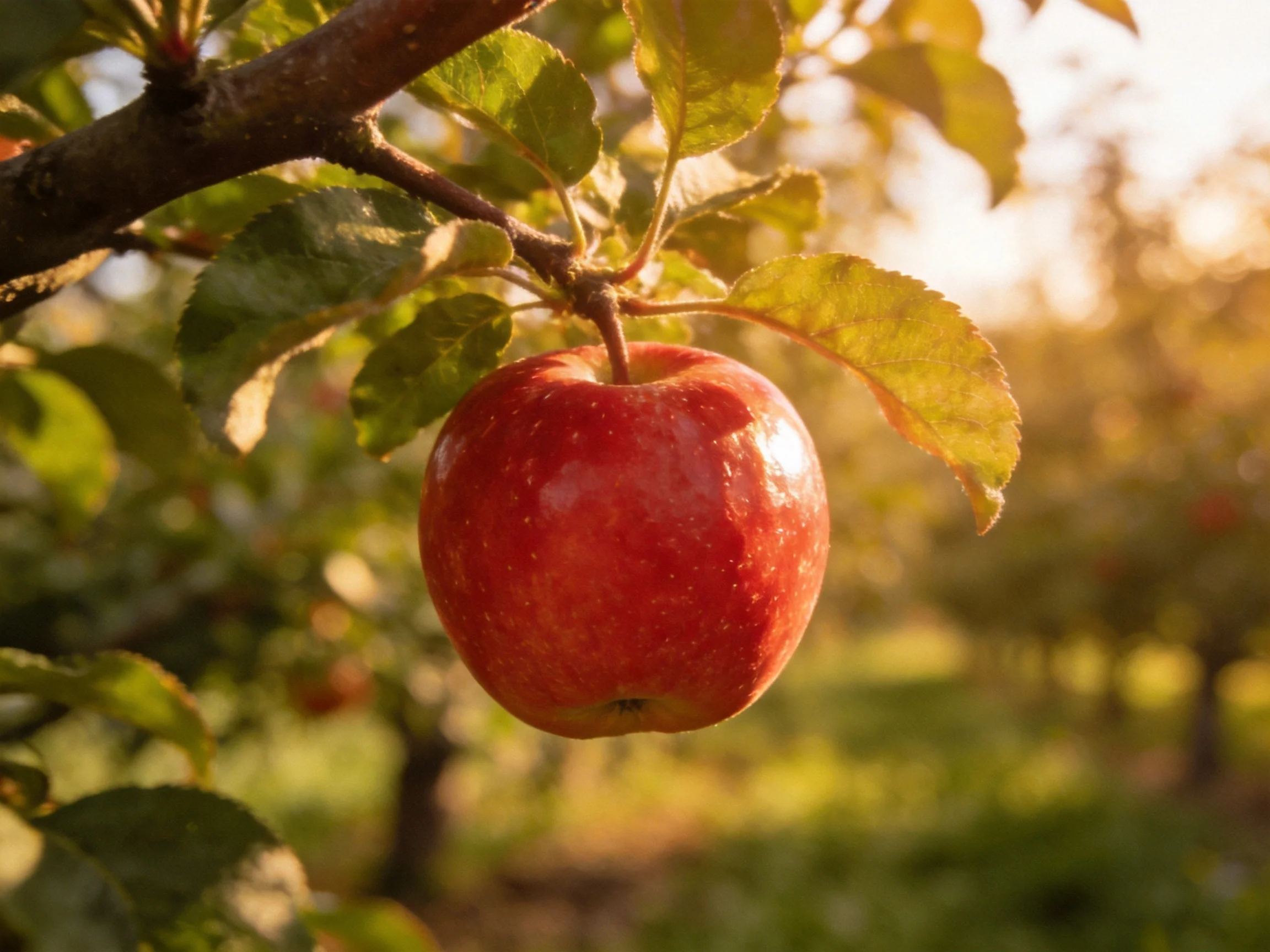 A single red apple dangles from a tree branch with green leaves