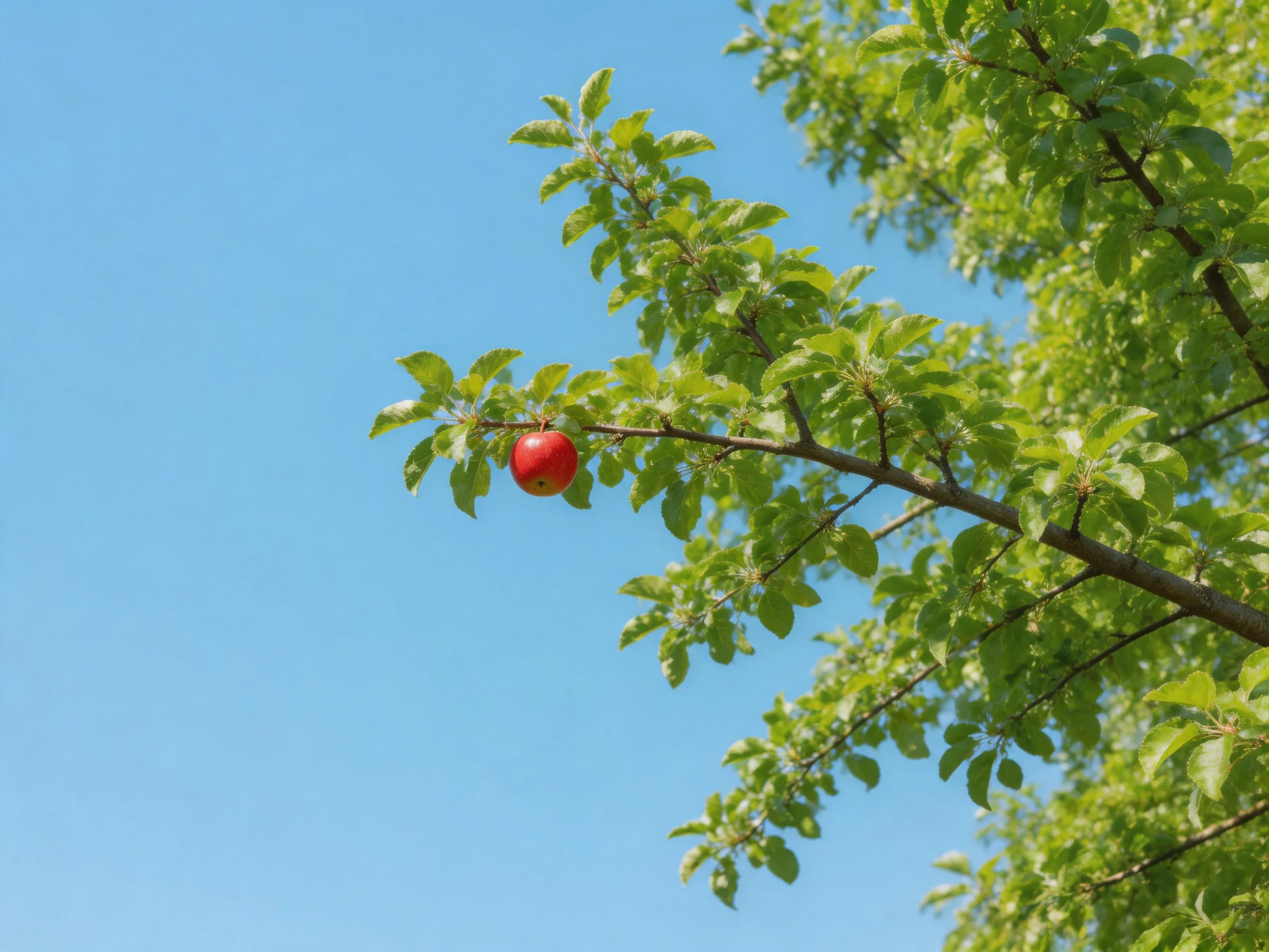A single red apple hangs from a leafy tree branch under clear blue sky