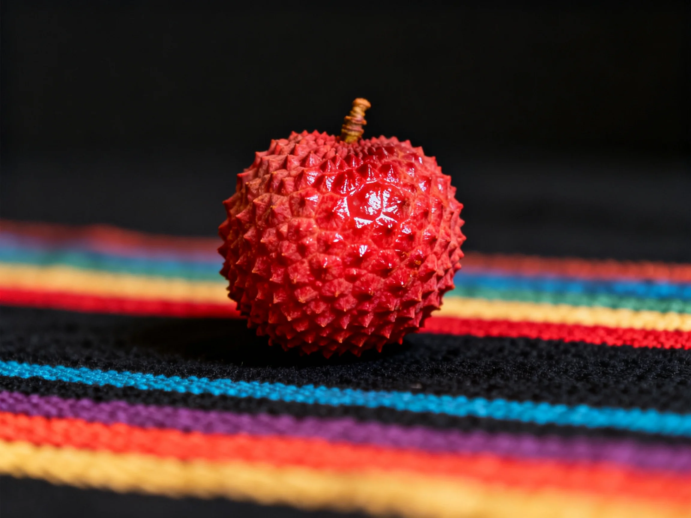 A single red lychee rests on a multicolored striped textile