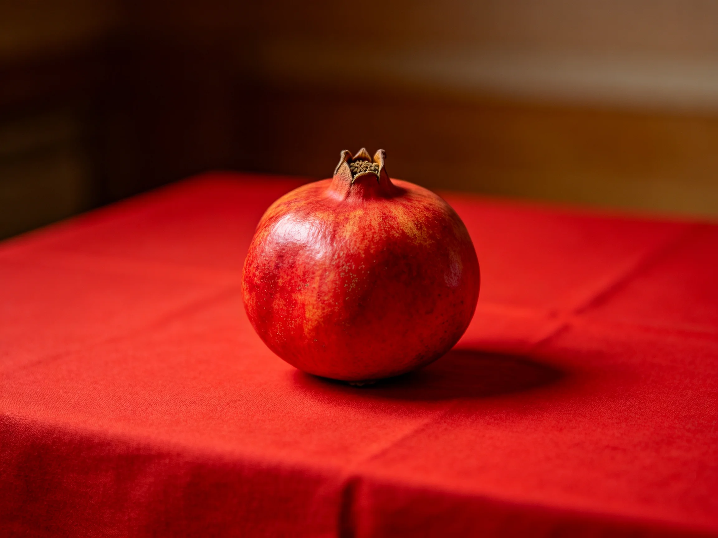 A single red pomegranate on a red fabric-covered table
