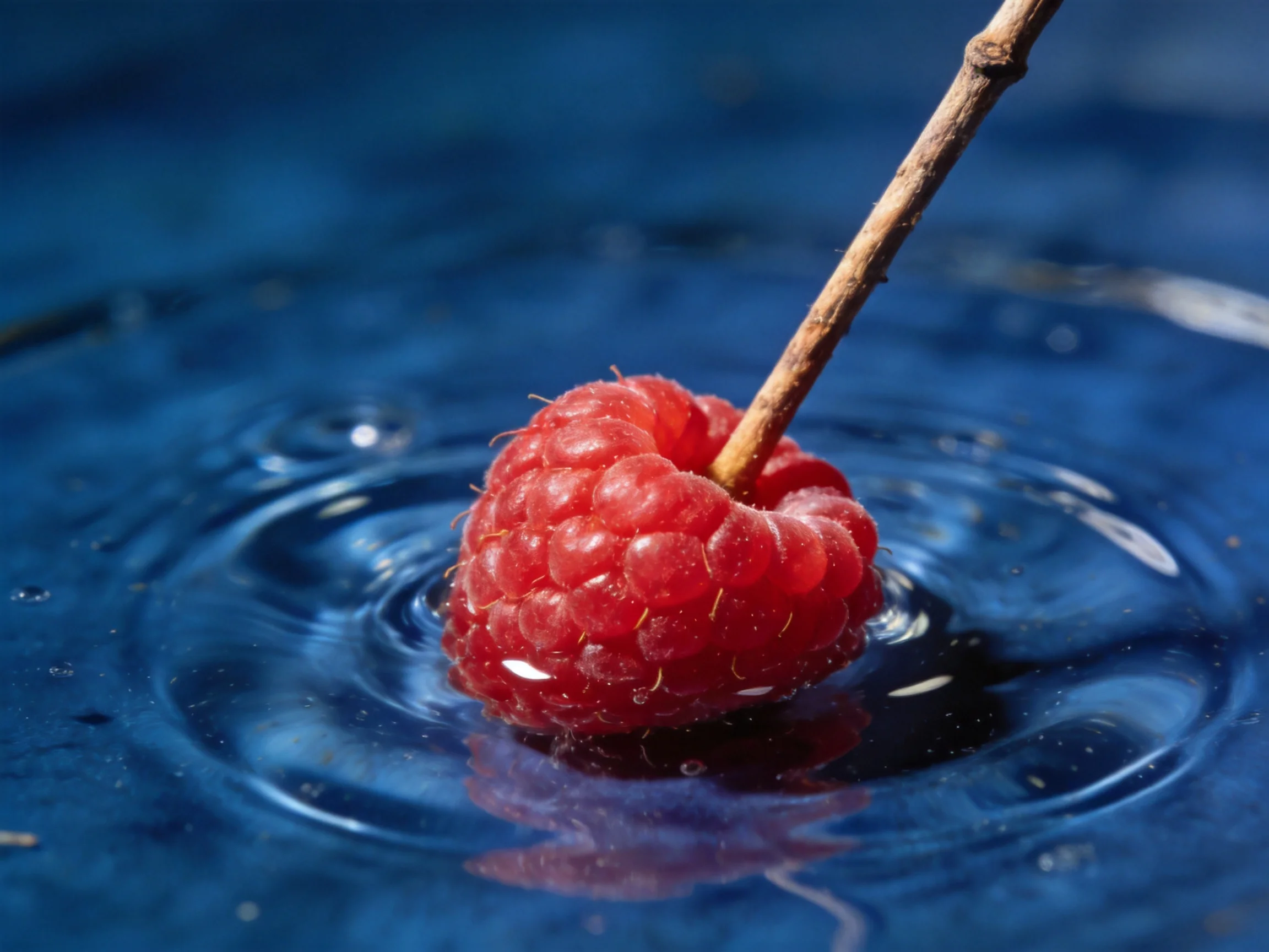 A single red raspberry with a wooden stem dips into blue liquid