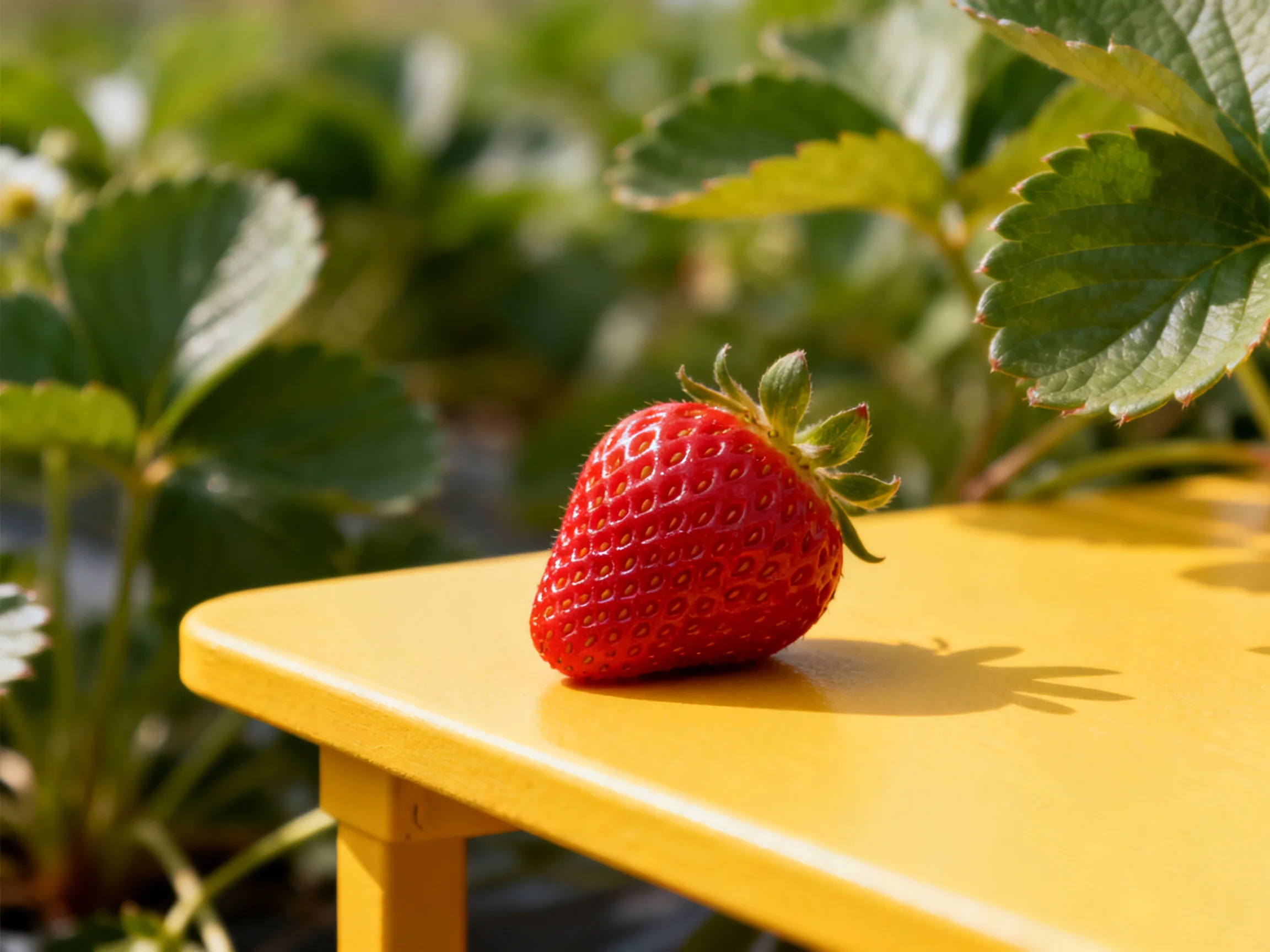 A single red strawberry rests on a bright yellow table amid strawberry plants