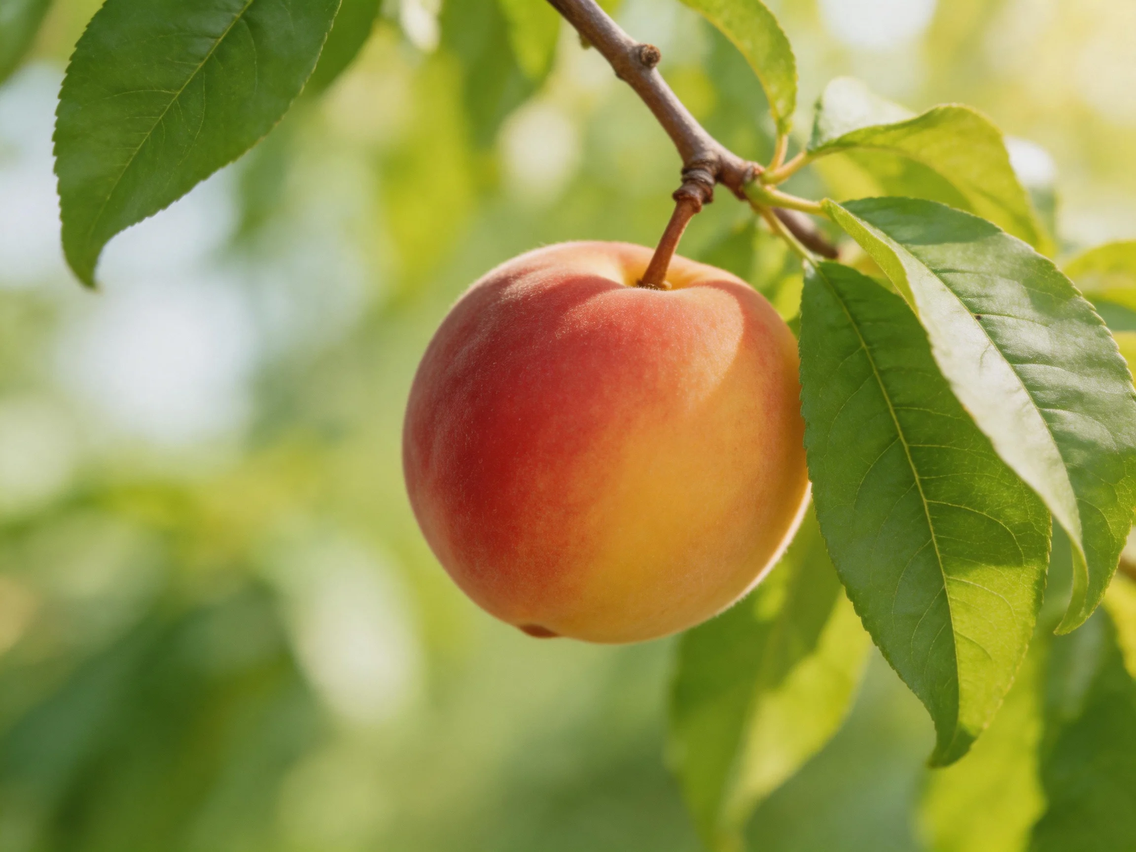 A single reddish-orange fruit dangles from a tree branch with vibrant green leaves