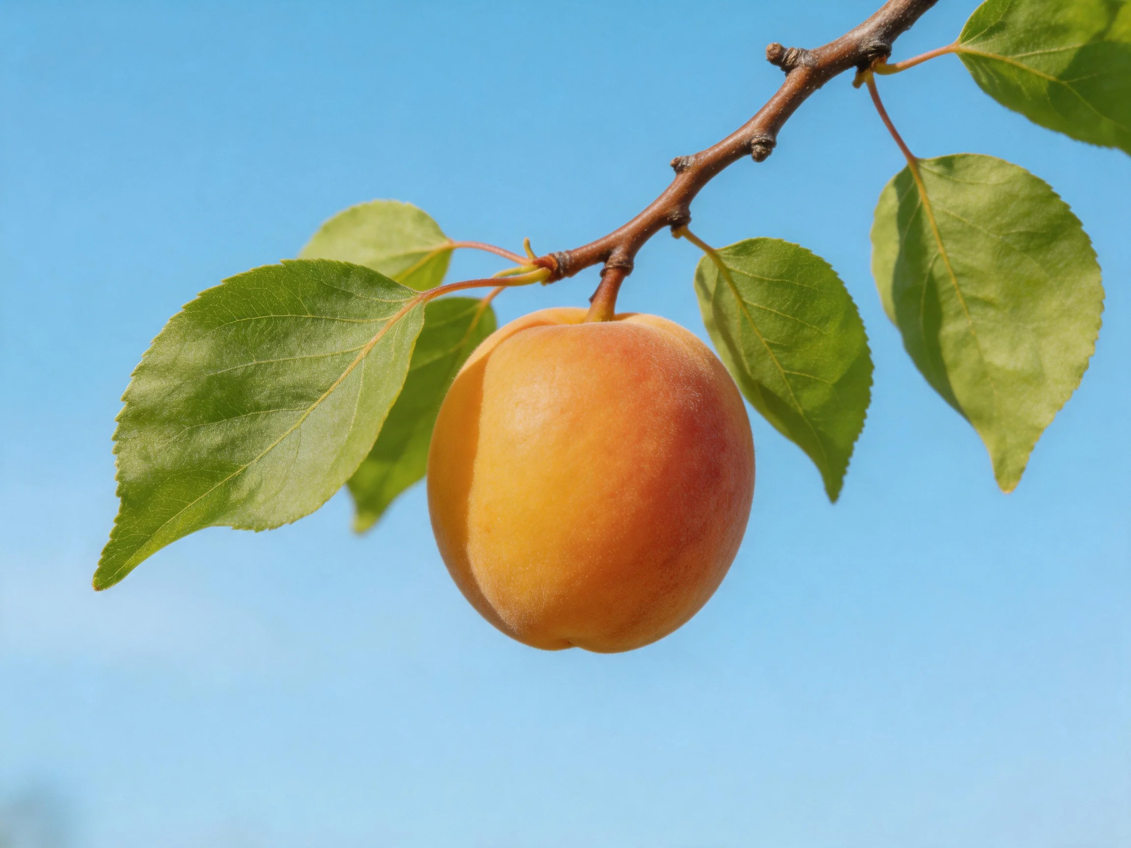 A single ripe apricot hangs from a branch with vibrant green leaves against a clear blue sky