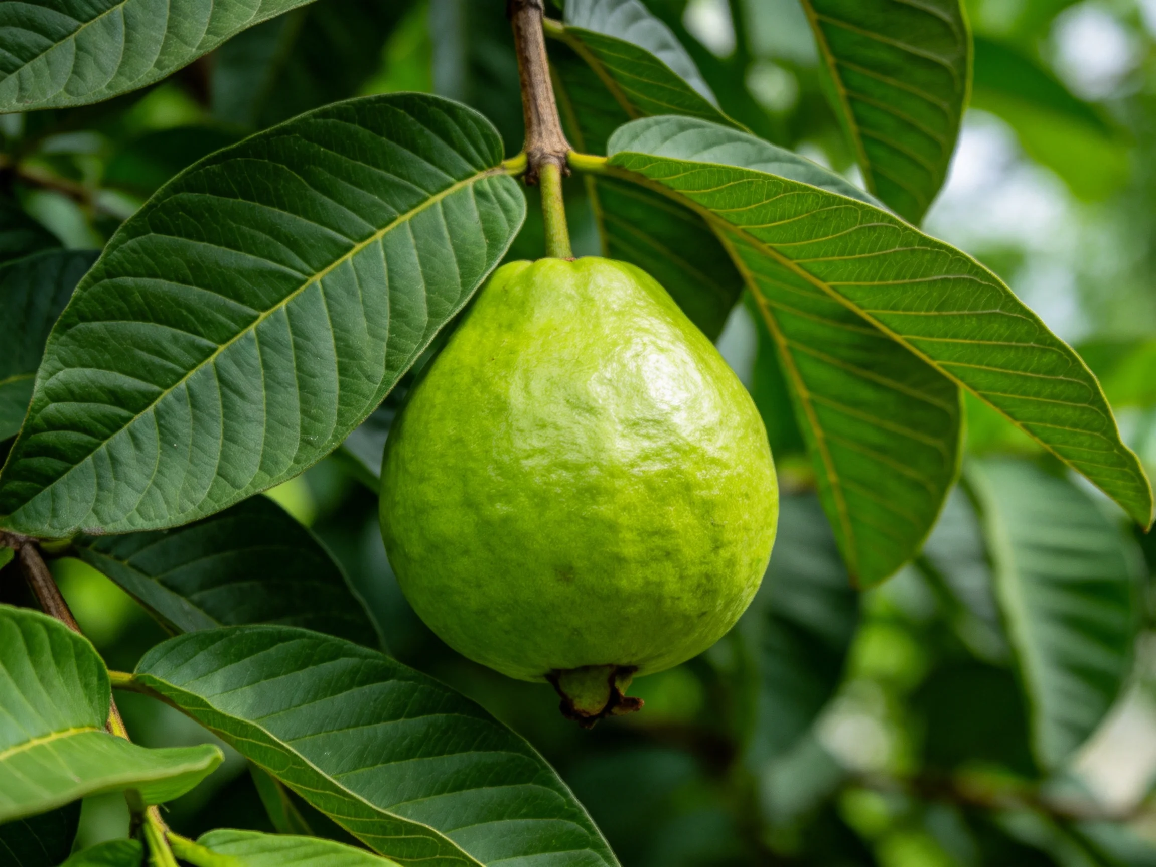 A single ripe green guava hangs among broad, glossy leaves