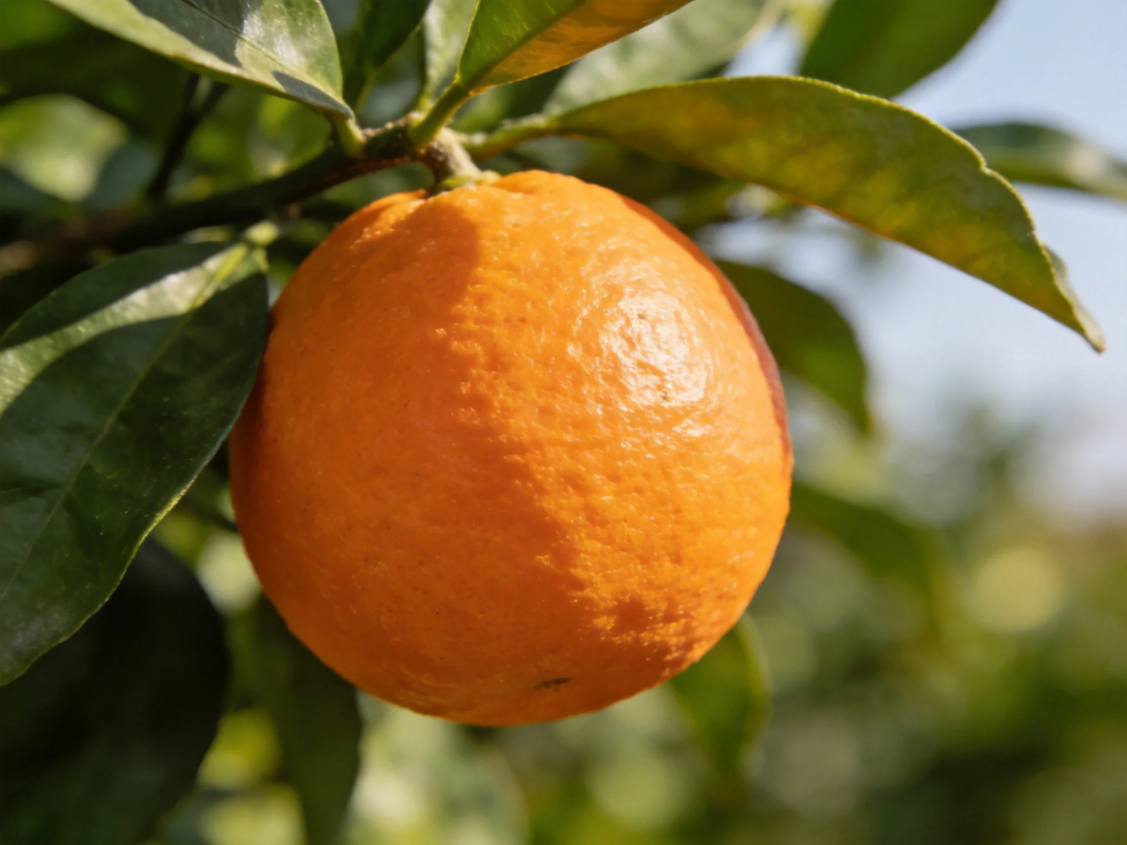 A single ripe orange hangs among lush green citrus leaves