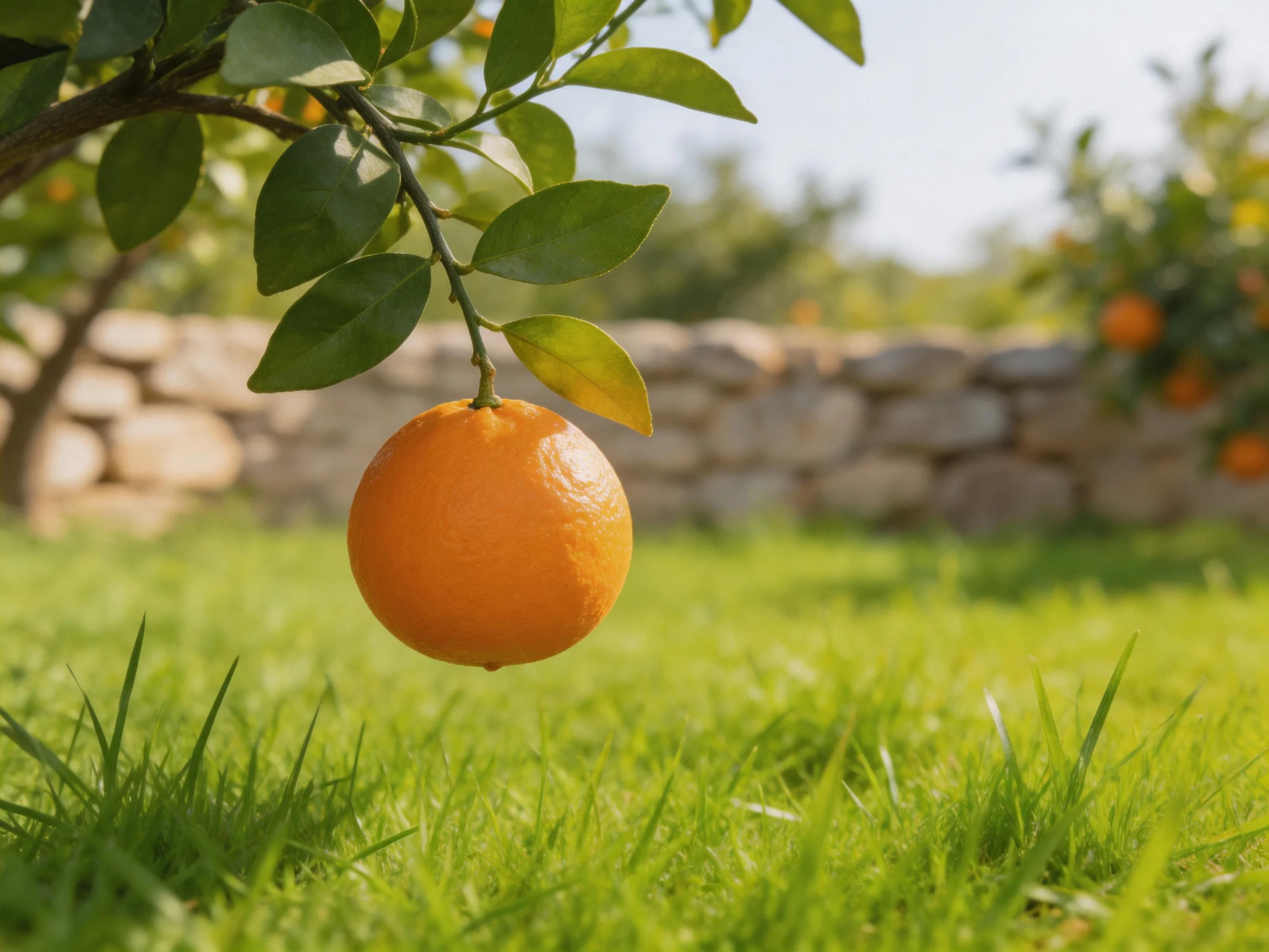 A single ripe orange hangs from a citrus tree over lush grass