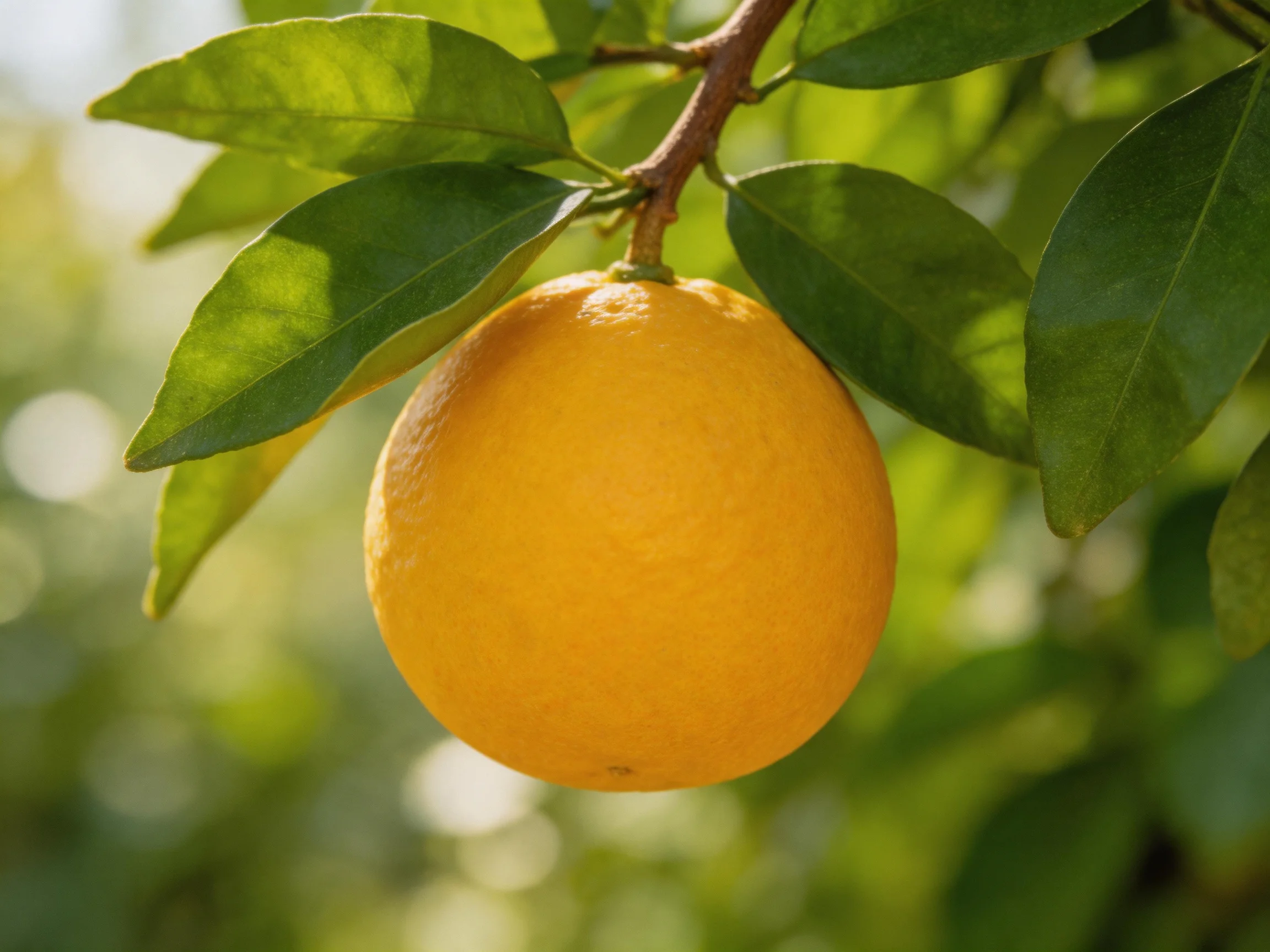 A single ripe orange hangs from a citrus tree with lush green leaves