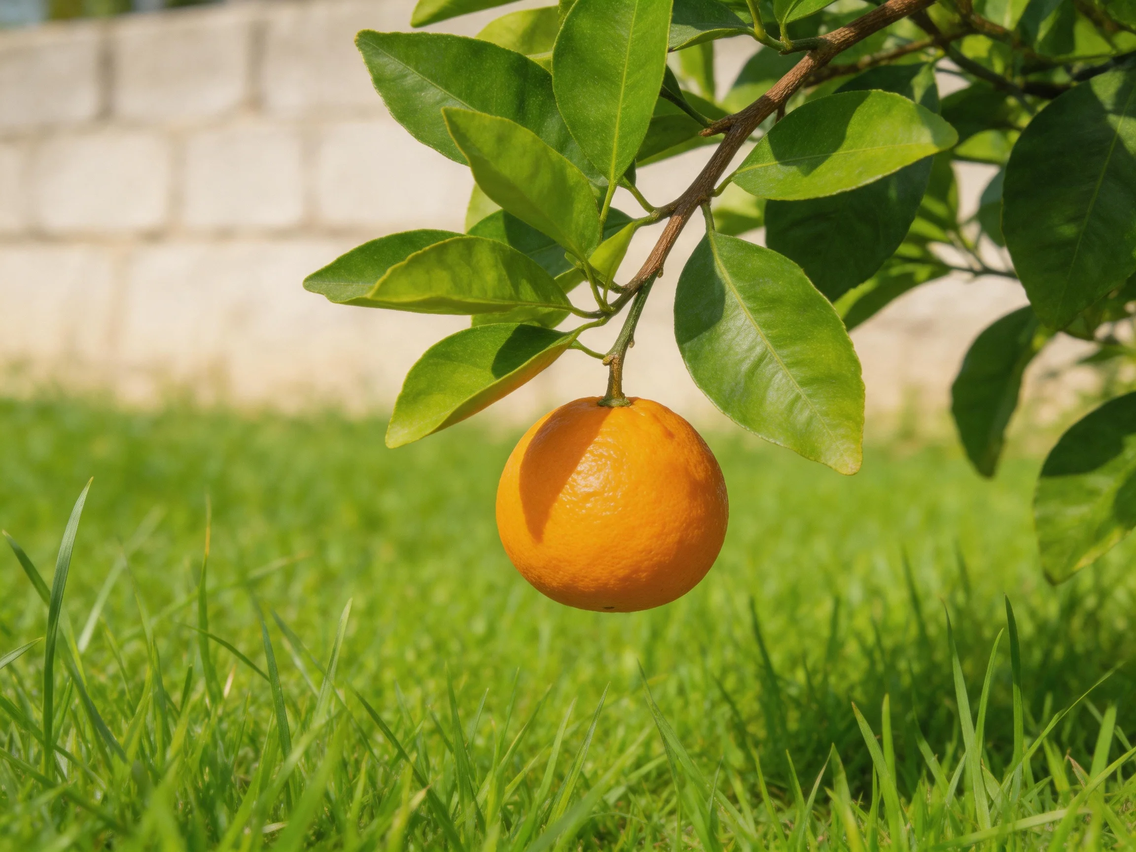 A single ripe orange hangs from a leafy branch near lush grass