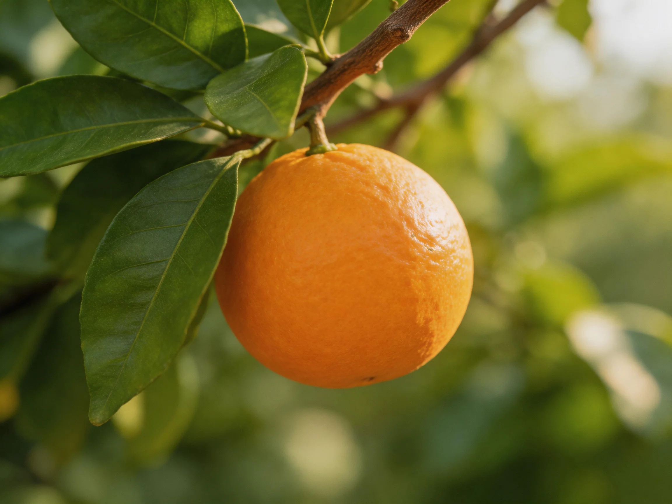 A single ripe orange hangs from a leafy citrus branch