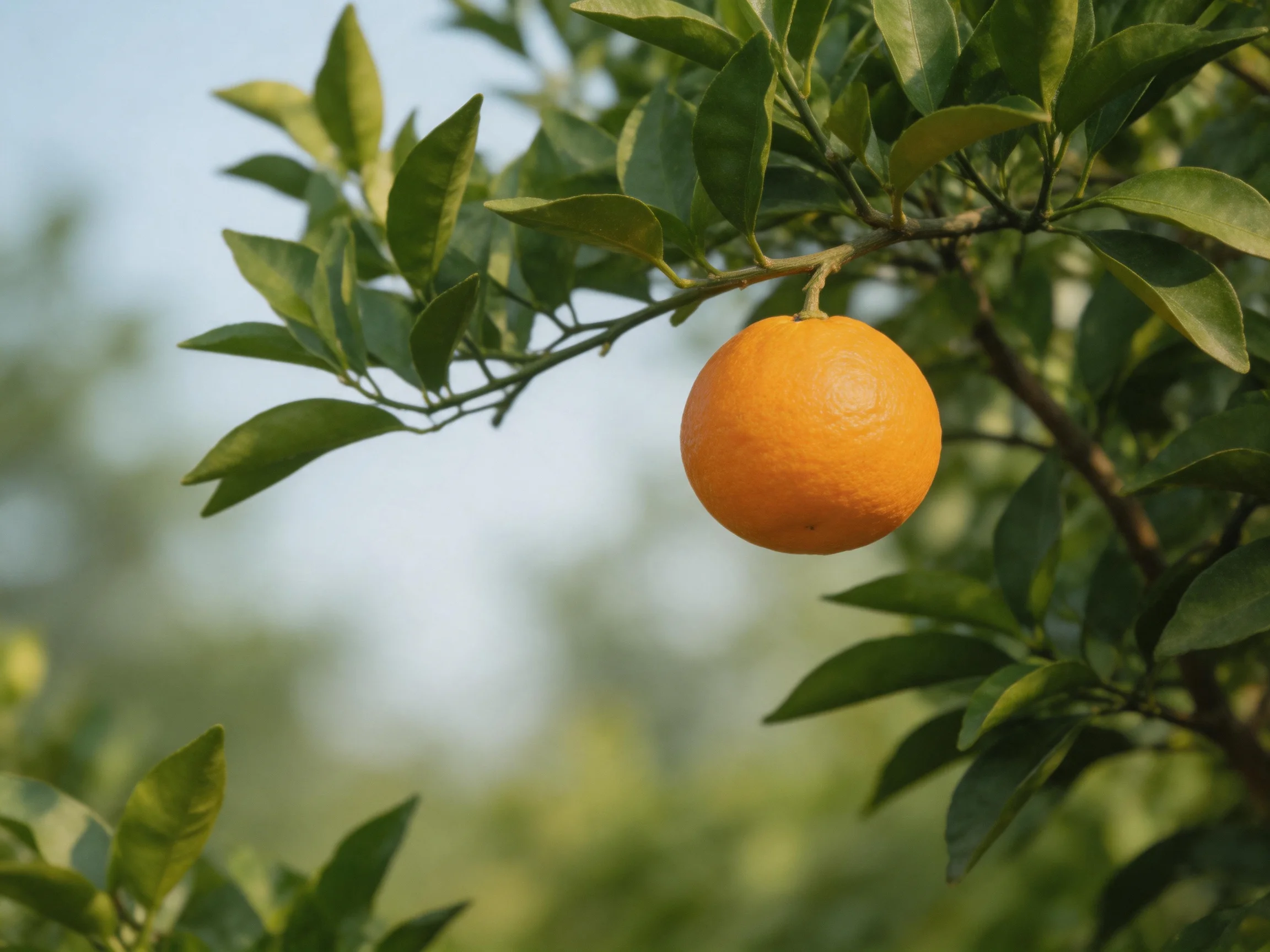 A single ripe orange hangs from a leafy citrus tree branch
