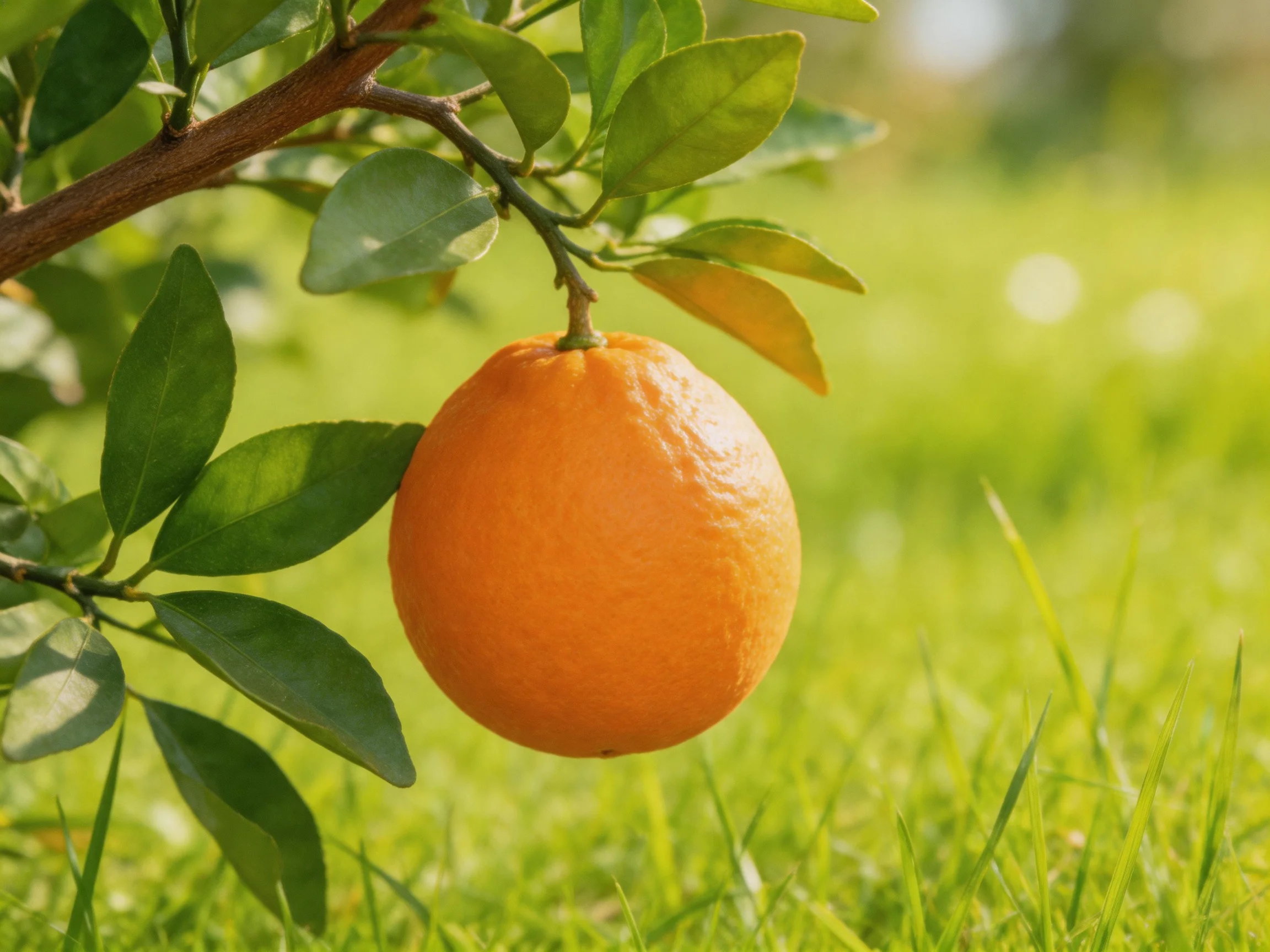 A single ripe orange hangs from a leafy tree branch amid lush green grass.