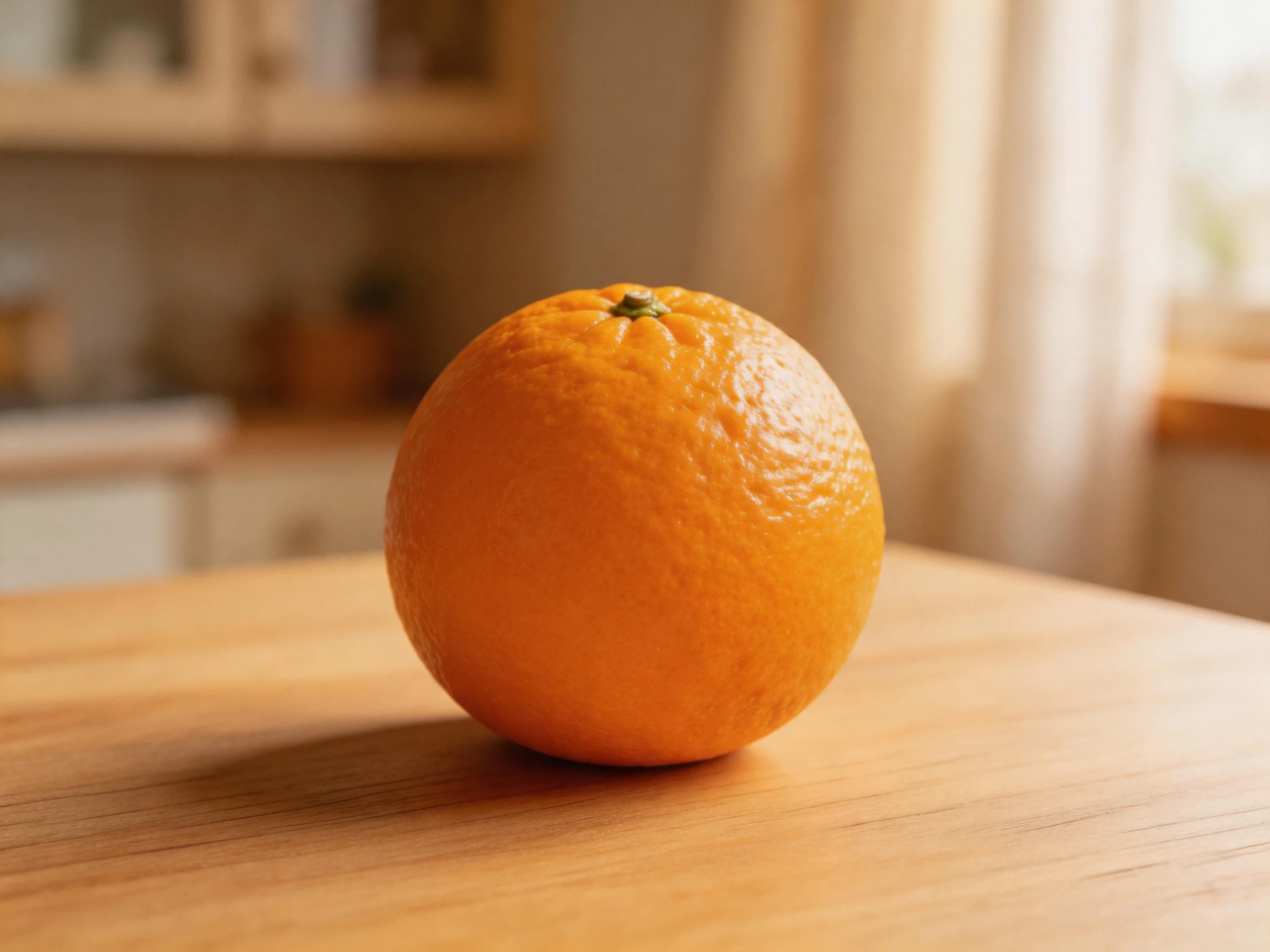 A single ripe orange sits on a wooden kitchen table