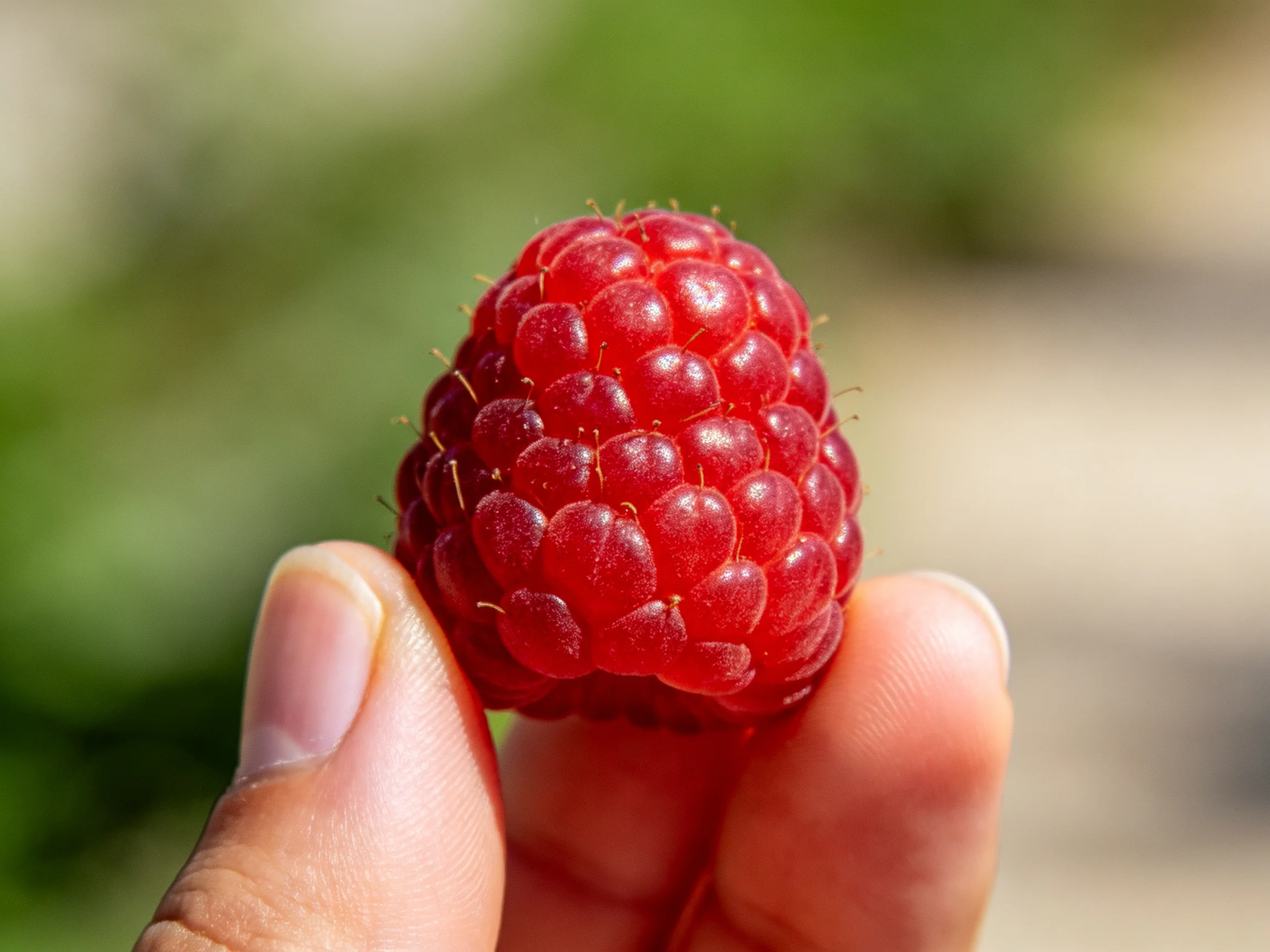 A single ripe red raspberry held between fingers outdoors