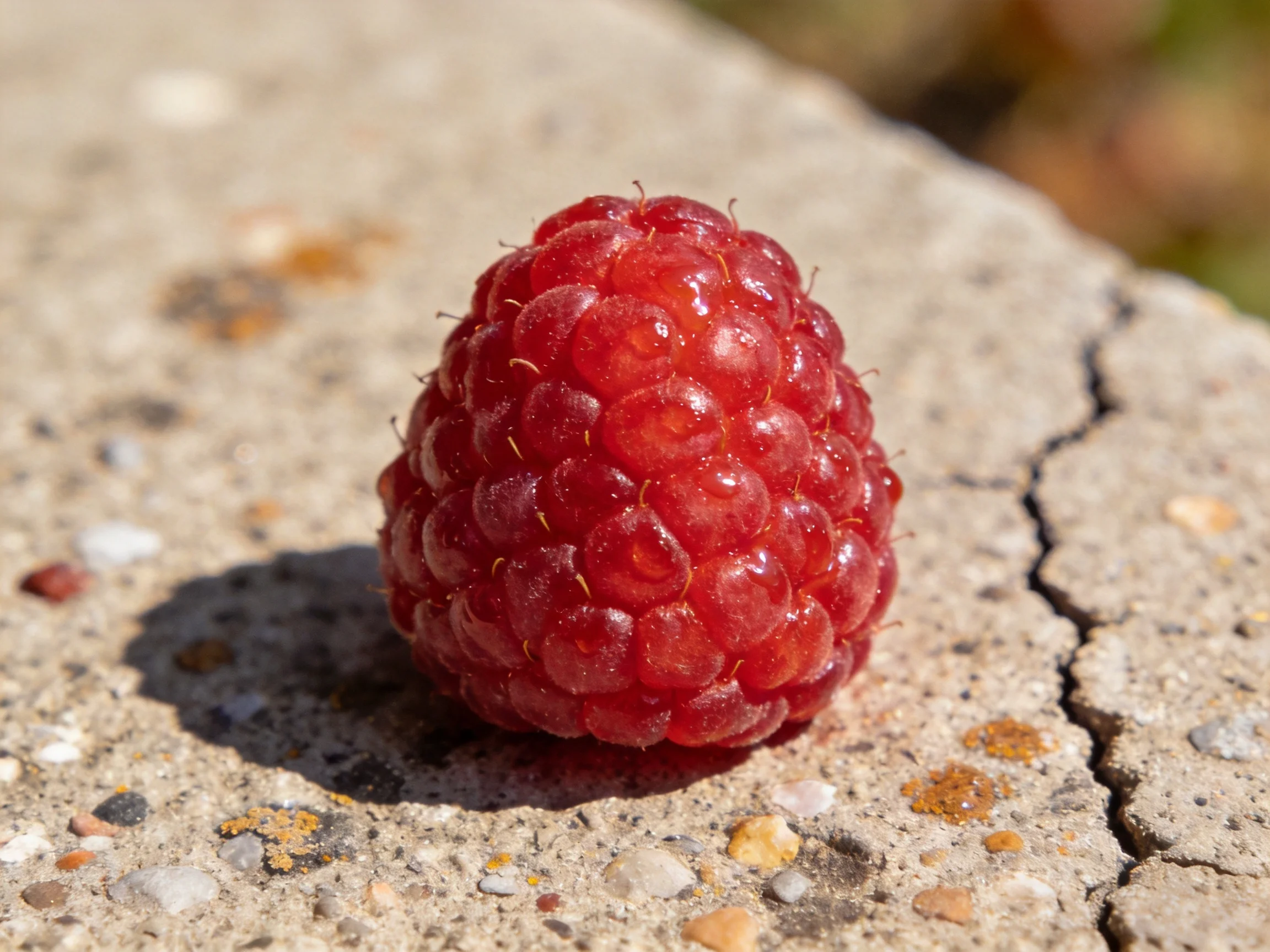 A single ripe red raspberry sits on cracked concrete