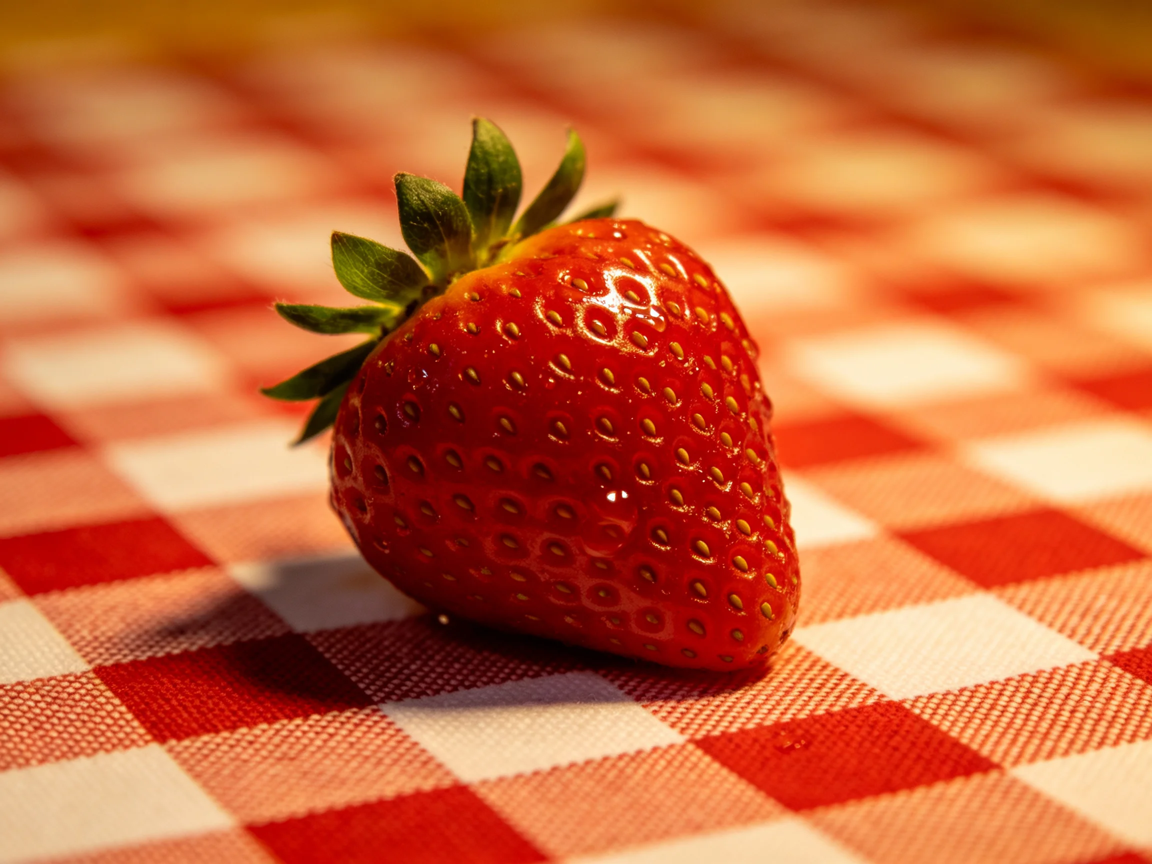 A single ripe strawberry rests on a red-and-white checkered cloth