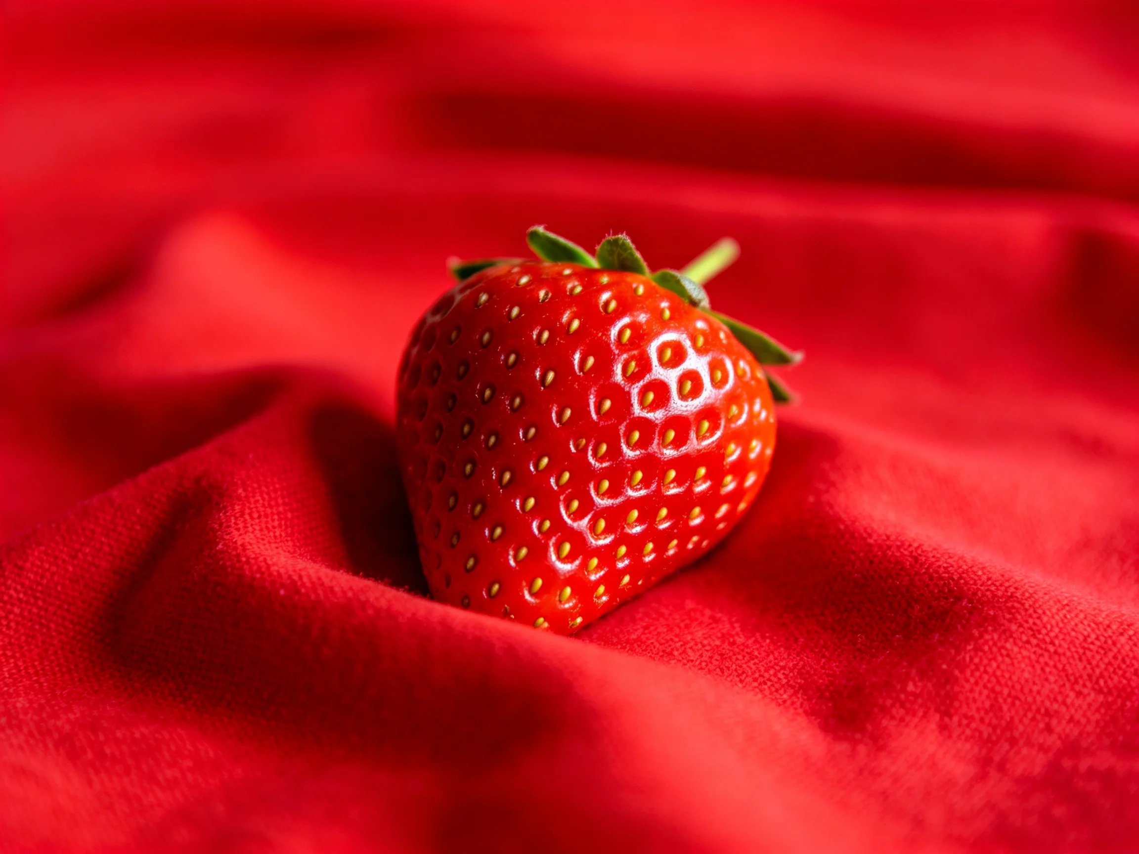 A single ripe strawberry sits atop smooth red fabric