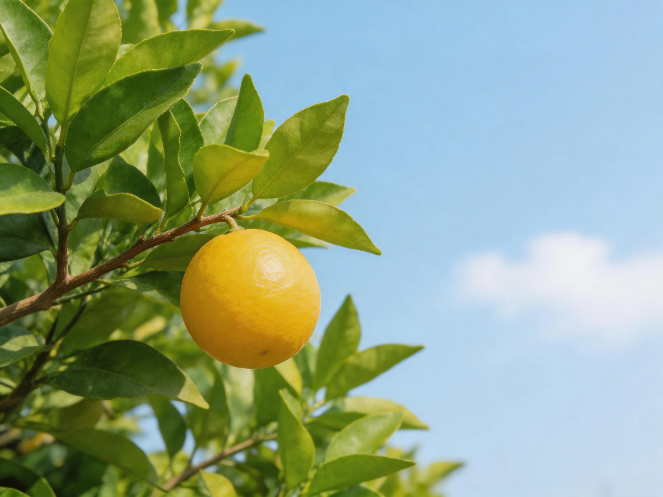 A single ripe yellow citrus fruit hangs from a leafy branch against a clear blue sky