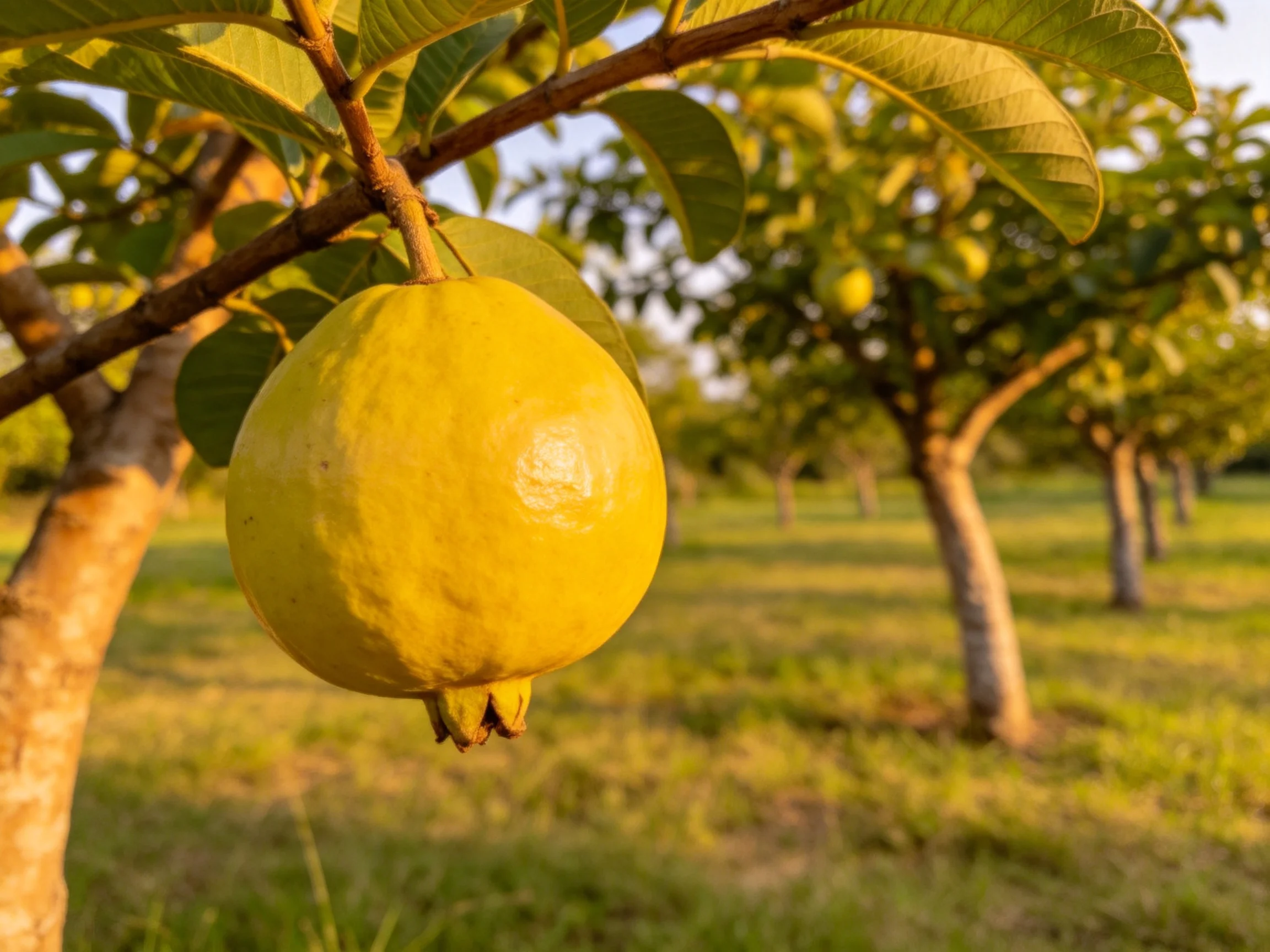 A single ripe yellow guava hangs from a tree in a sunlit orchard