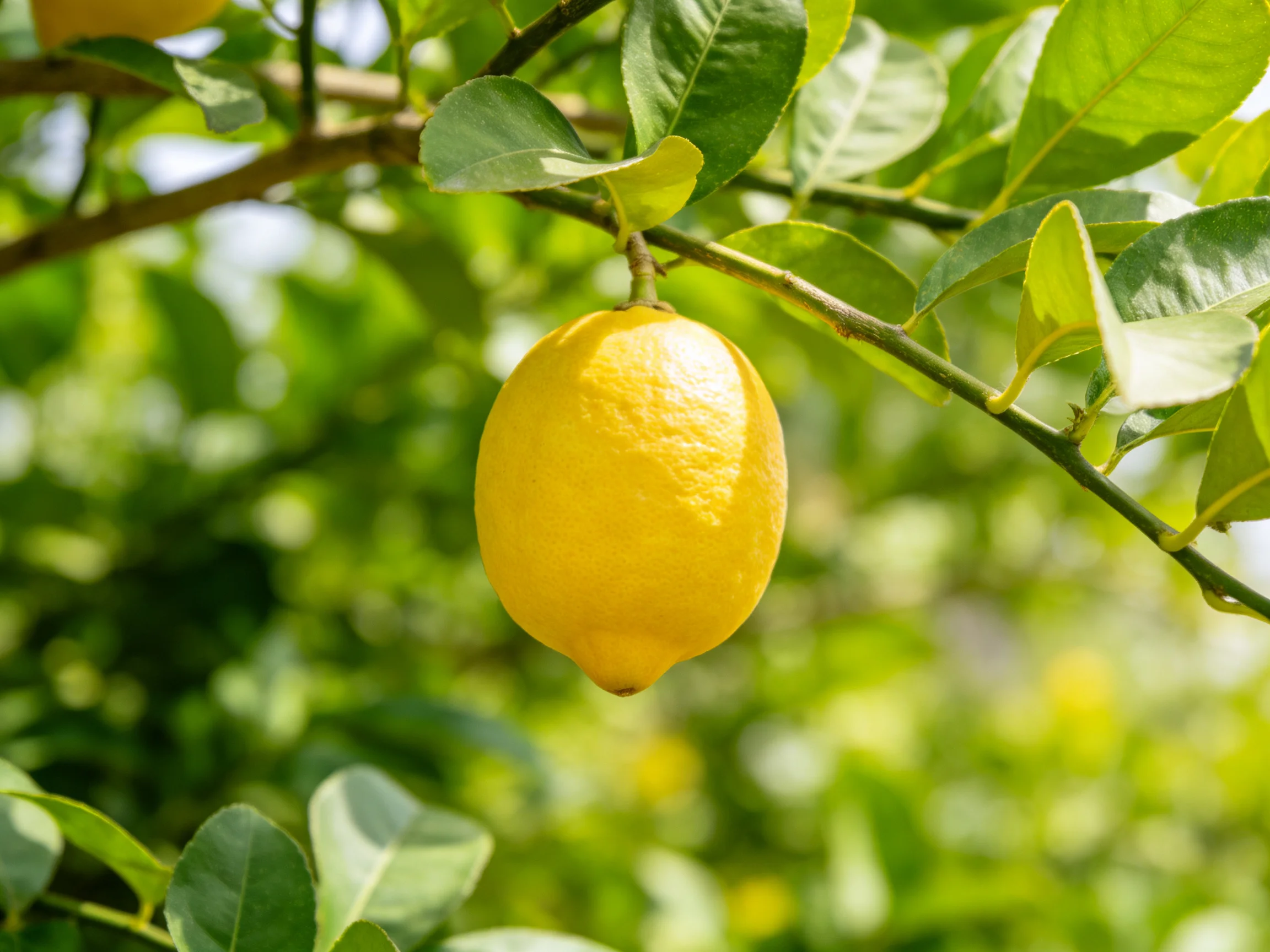 A single ripe yellow lemon hangs from a leafy citrus branch