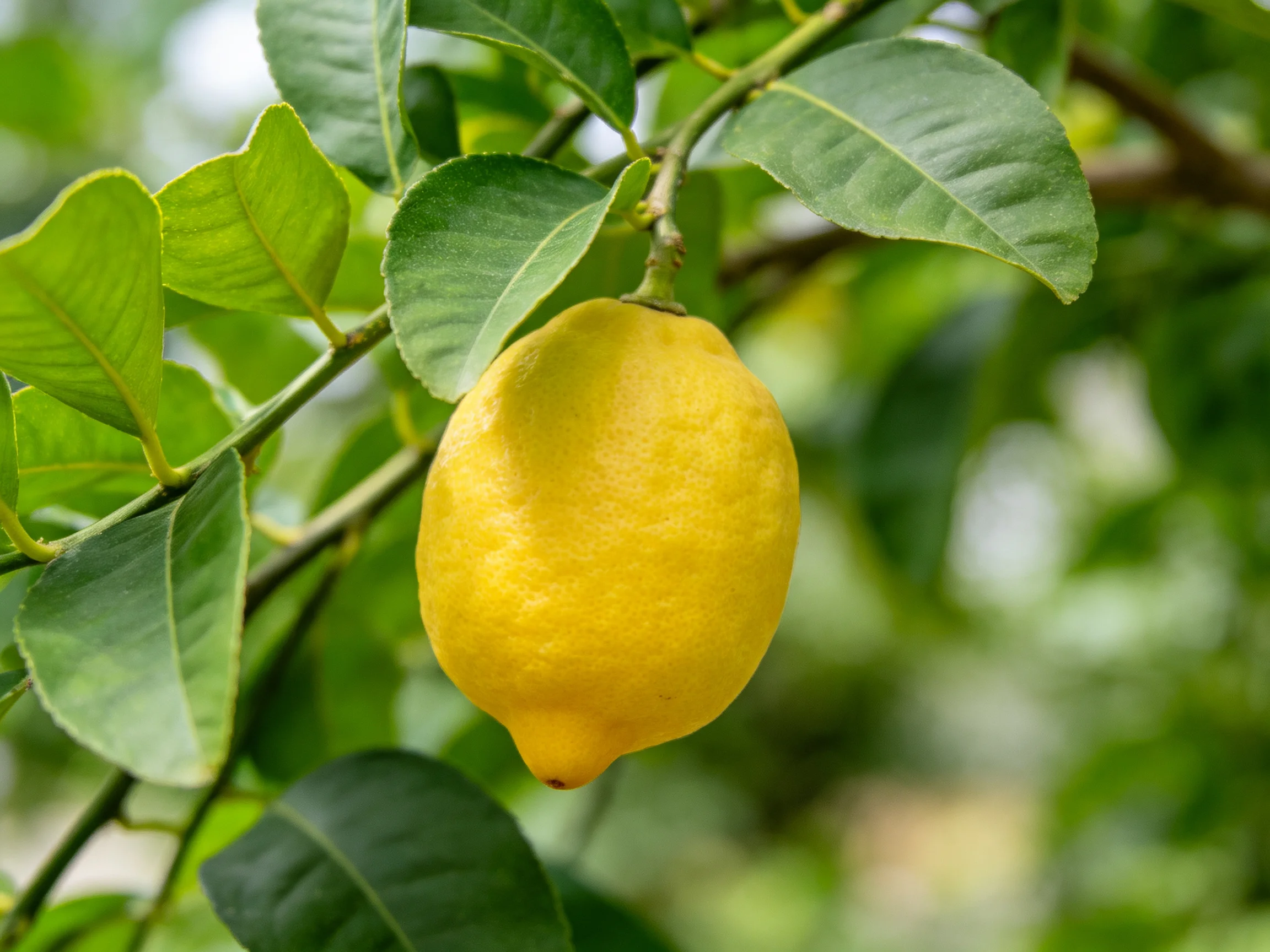A single ripe yellow lemon hangs from a leafy citrus branch