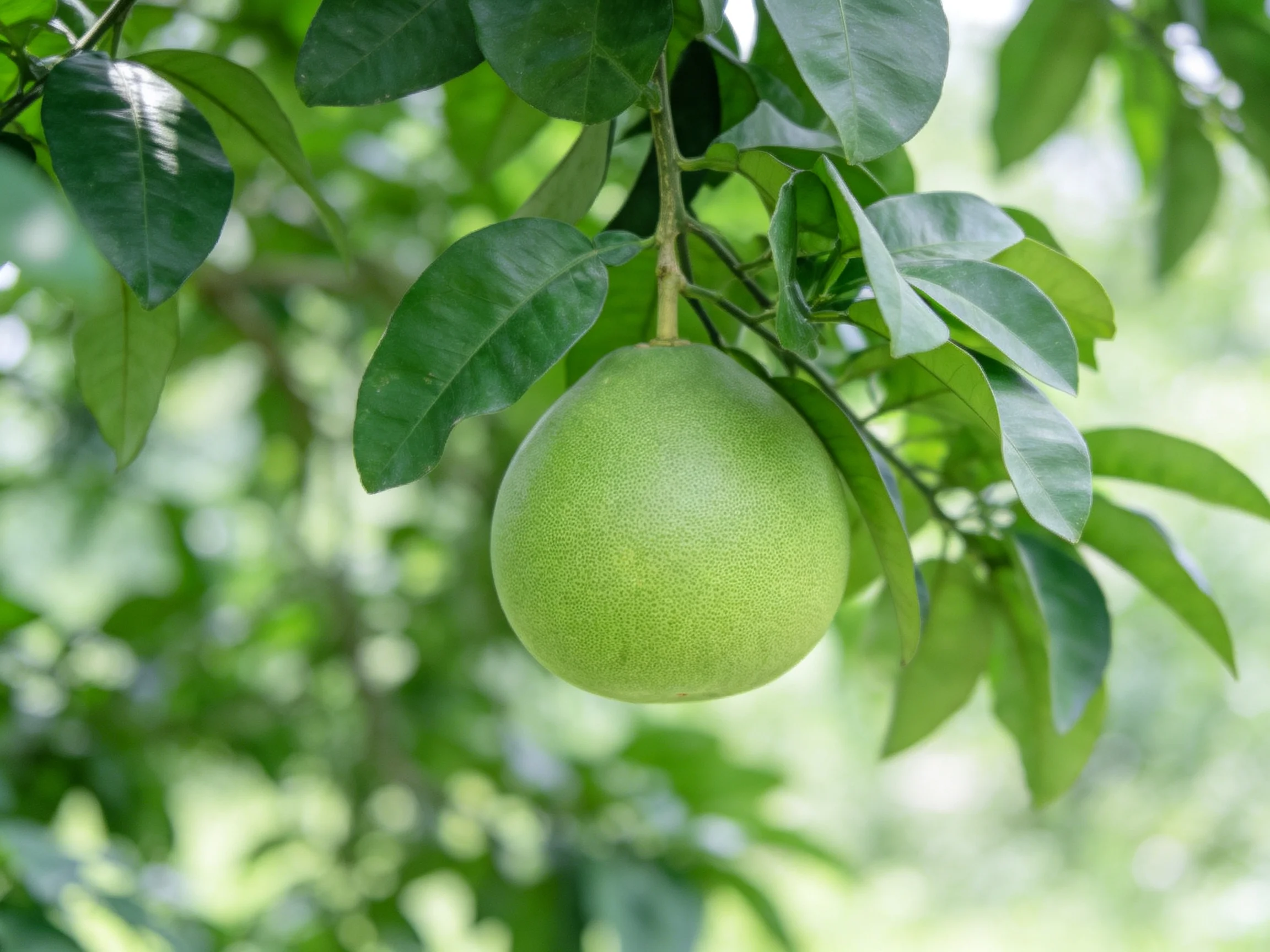 A single round green citrus fruit hangs among lush green leaves